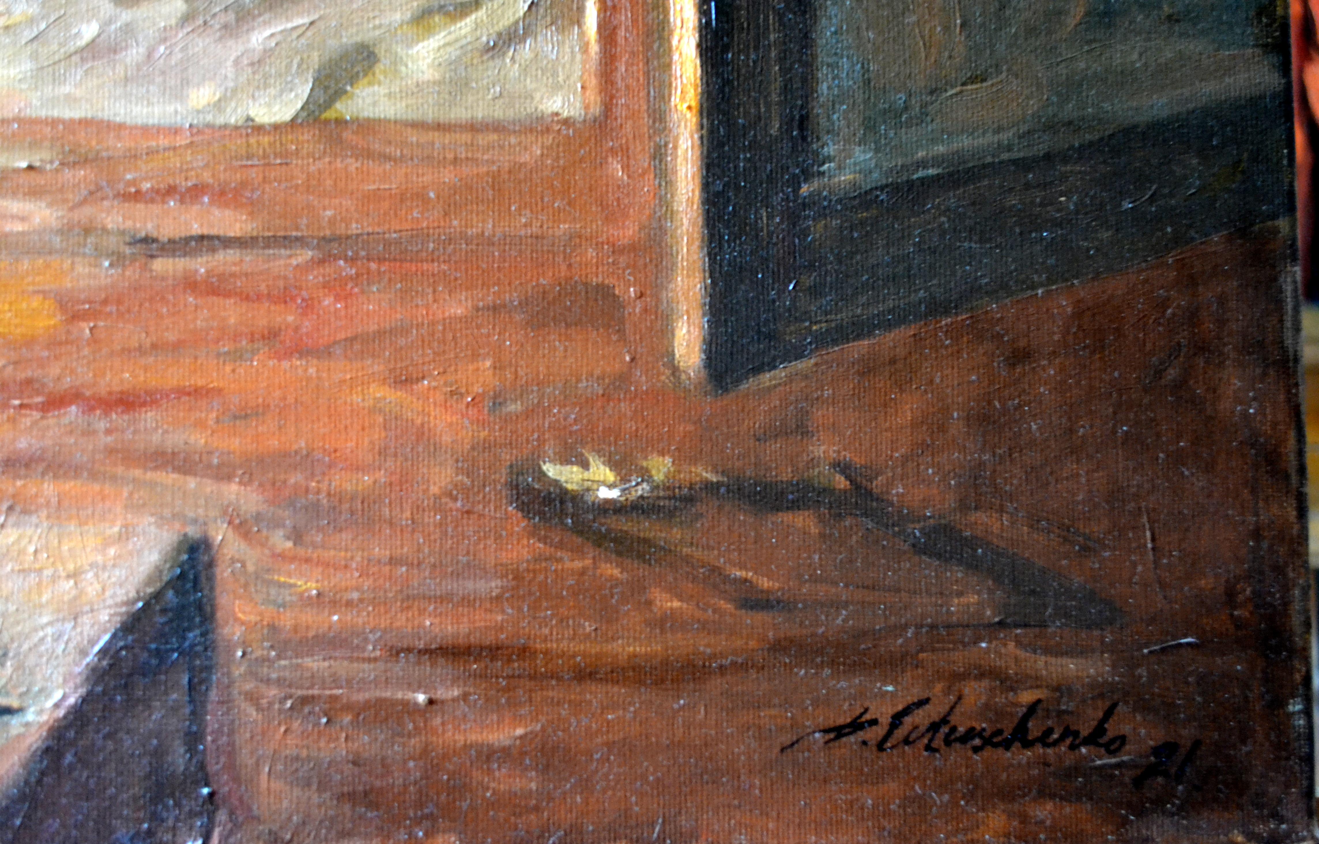 The sound of a distant train - Brown Interior Painting by Dmitry Evtushenko