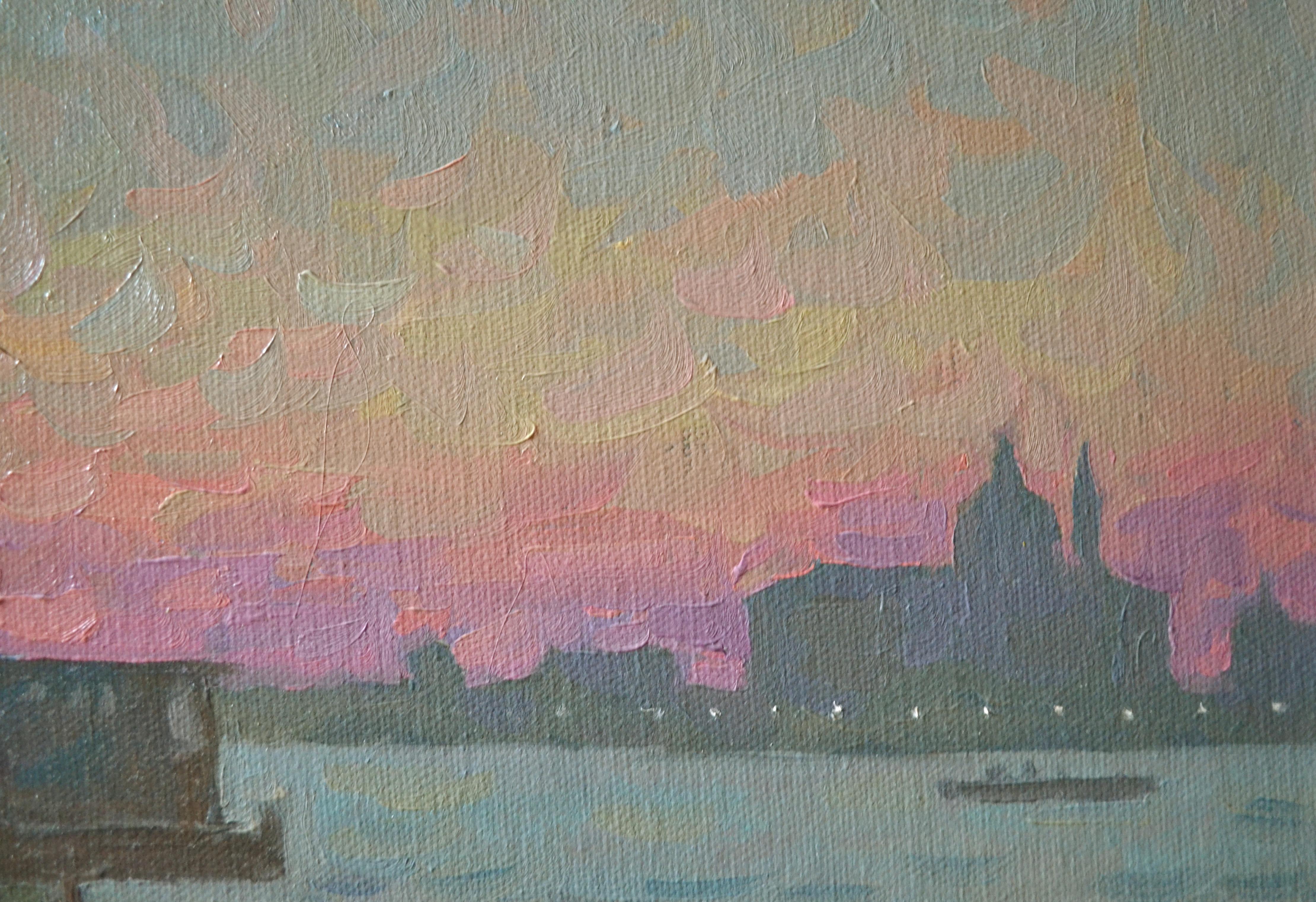 Die Uferpromenade von Venedig in der Morgendämmerung (Braun), Landscape Painting, von Dmitry Evtushenko
