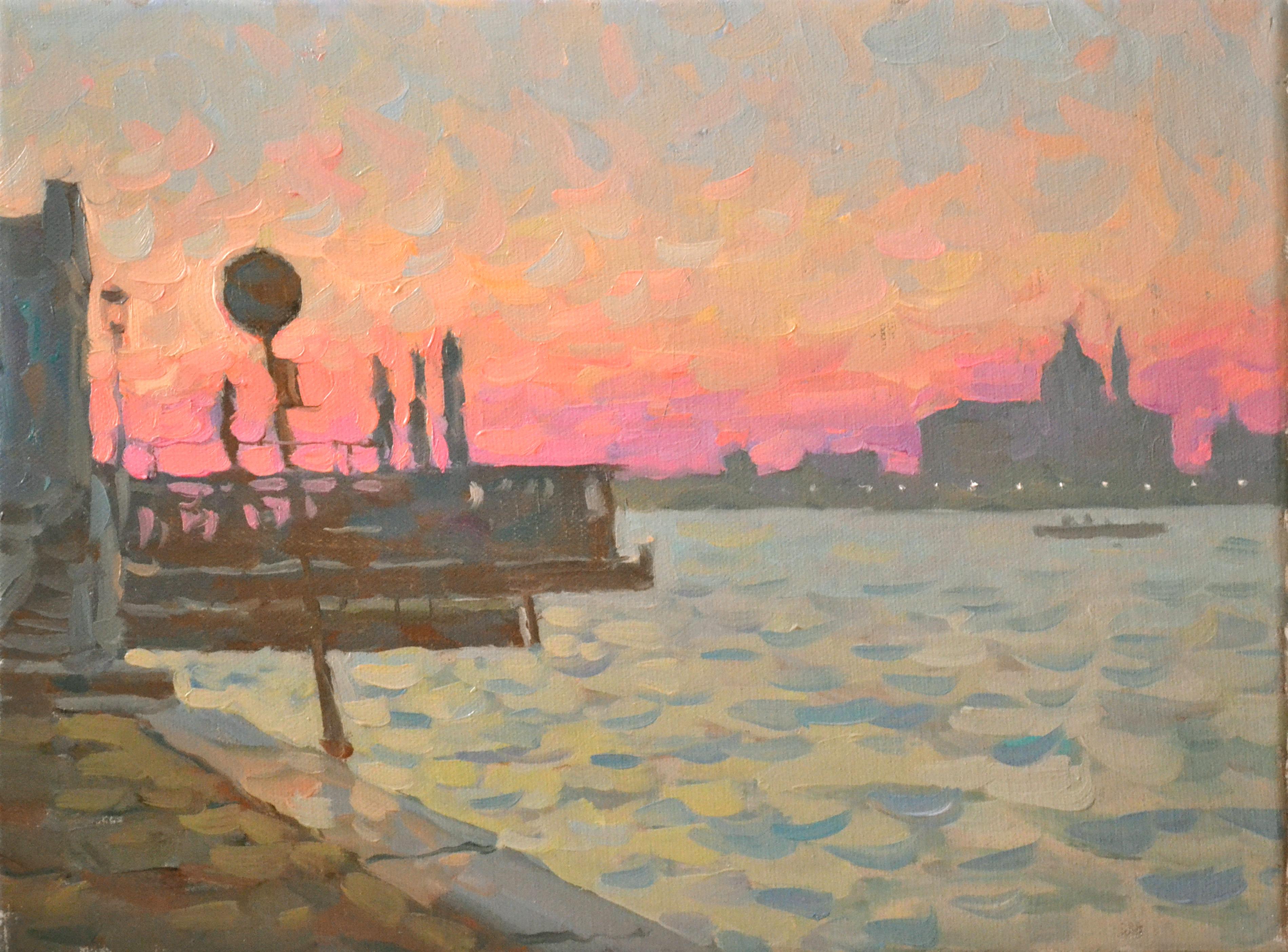 Dmitry Evtushenko Landscape Painting – Die Uferpromenade von Venedig in der Morgendämmerung