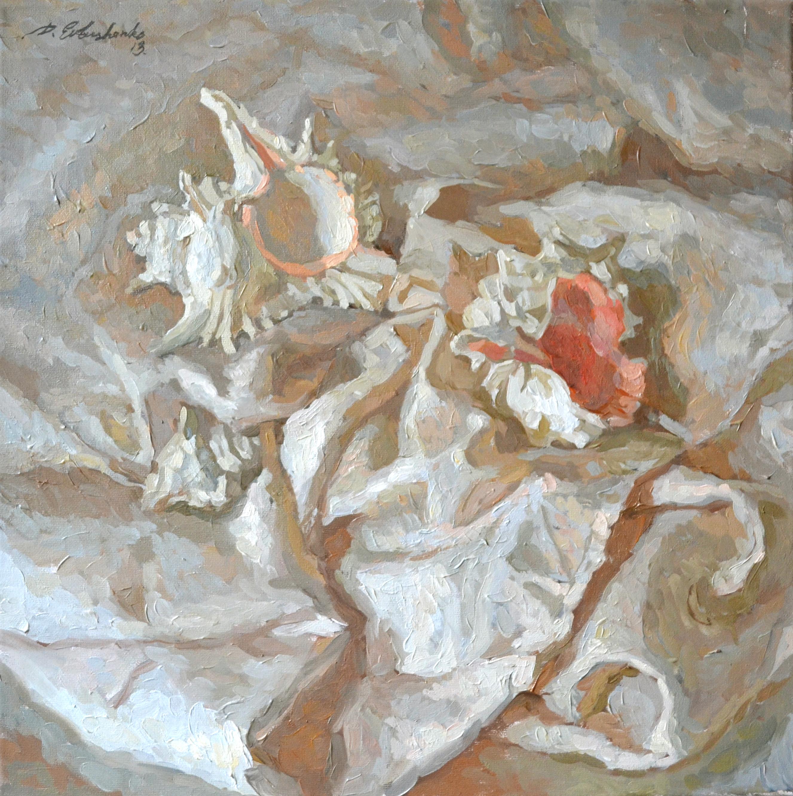 Dmitry Evtushenko Still-Life Painting - Three shells. Square still-life painting, impressionism
