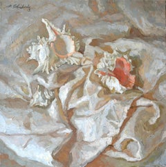 Three shells. Square still-life painting, impressionism