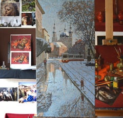 Tram in the old town. Large vertical city landscape painting, winter, realism