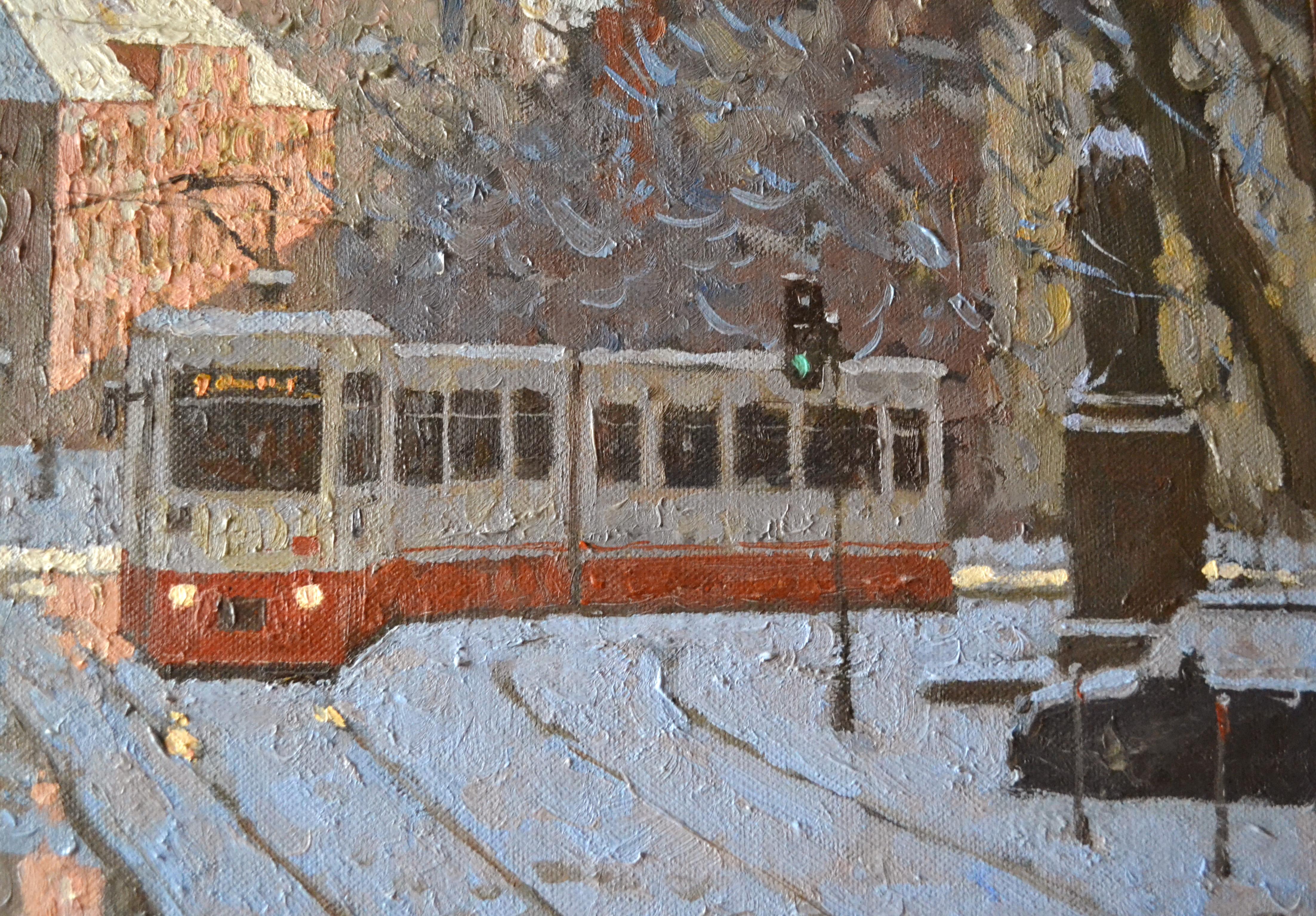 The painting depicts the central street of Würzburg, a city in Bavaria, in winter. It was a rare day when snow fell. It immediately began to melt, leaving wet asphalt reflecting the sunlit houses, spires, and towers of the cathedral in the distance.
