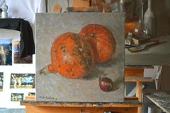 Two pumpkins and an onion. Still-life square painting, impressionism