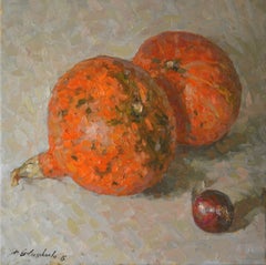 Two pumpkins and an onion. Still-life square painting, impressionism