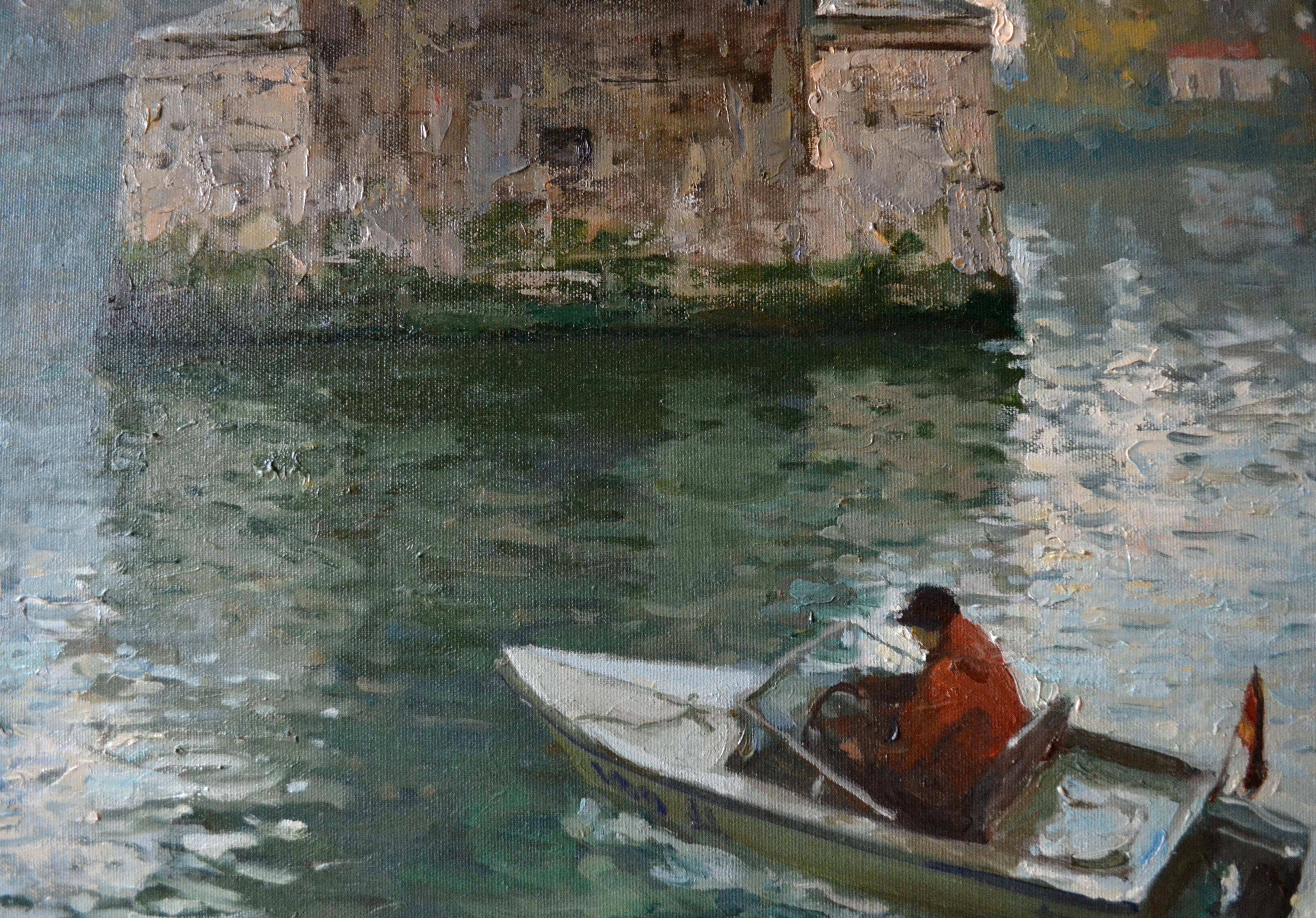 Under the old bridge - Gray Landscape Painting by Dmitry Evtushenko