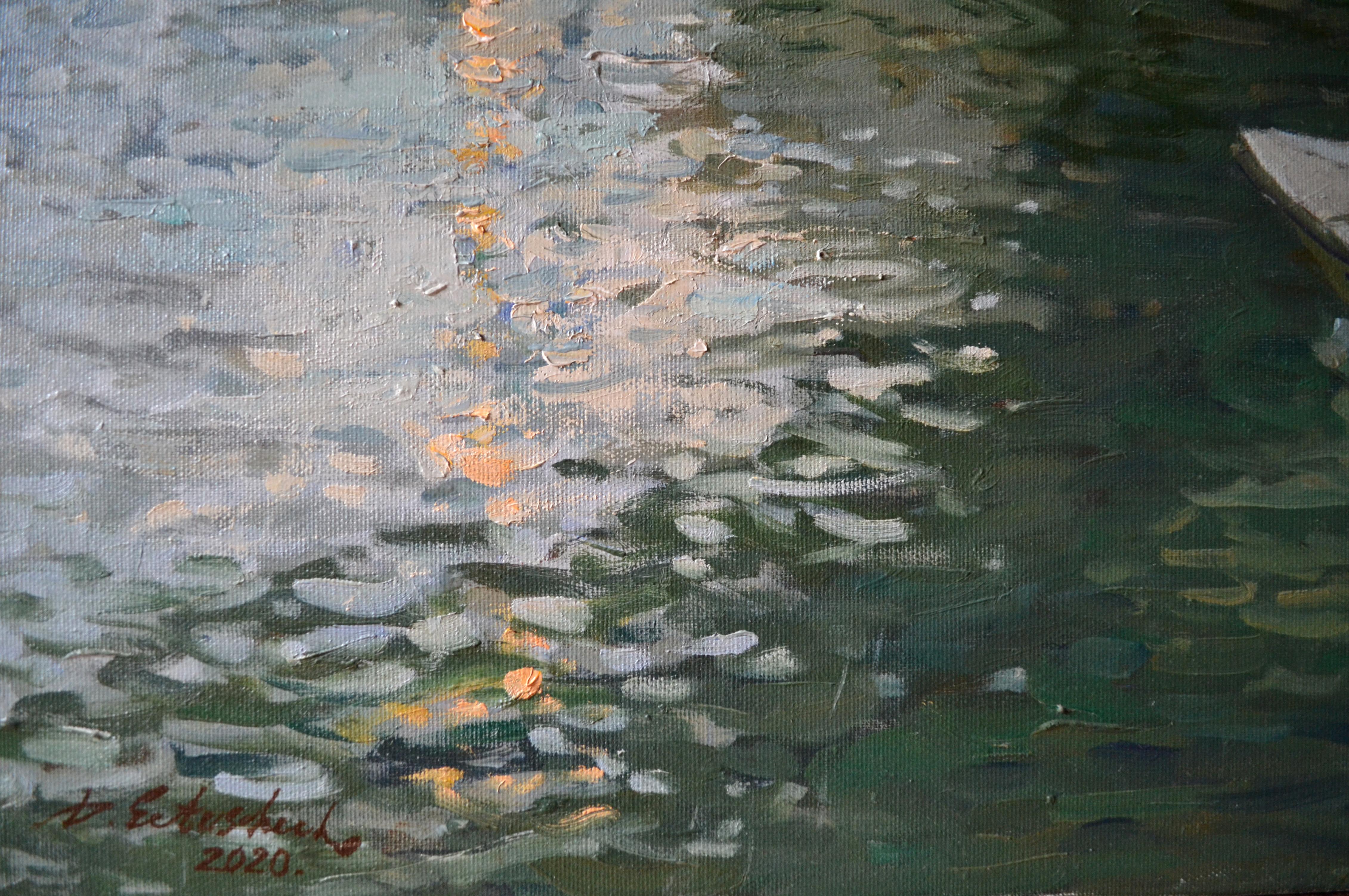 The painting depicts one of the bridges across the Main in Würzburg, the Ludwigbrücke. We look at the motif from the embankment, under the span of the bridge. The age of the bridge is emphasized by the rough texture of the stone from which it is