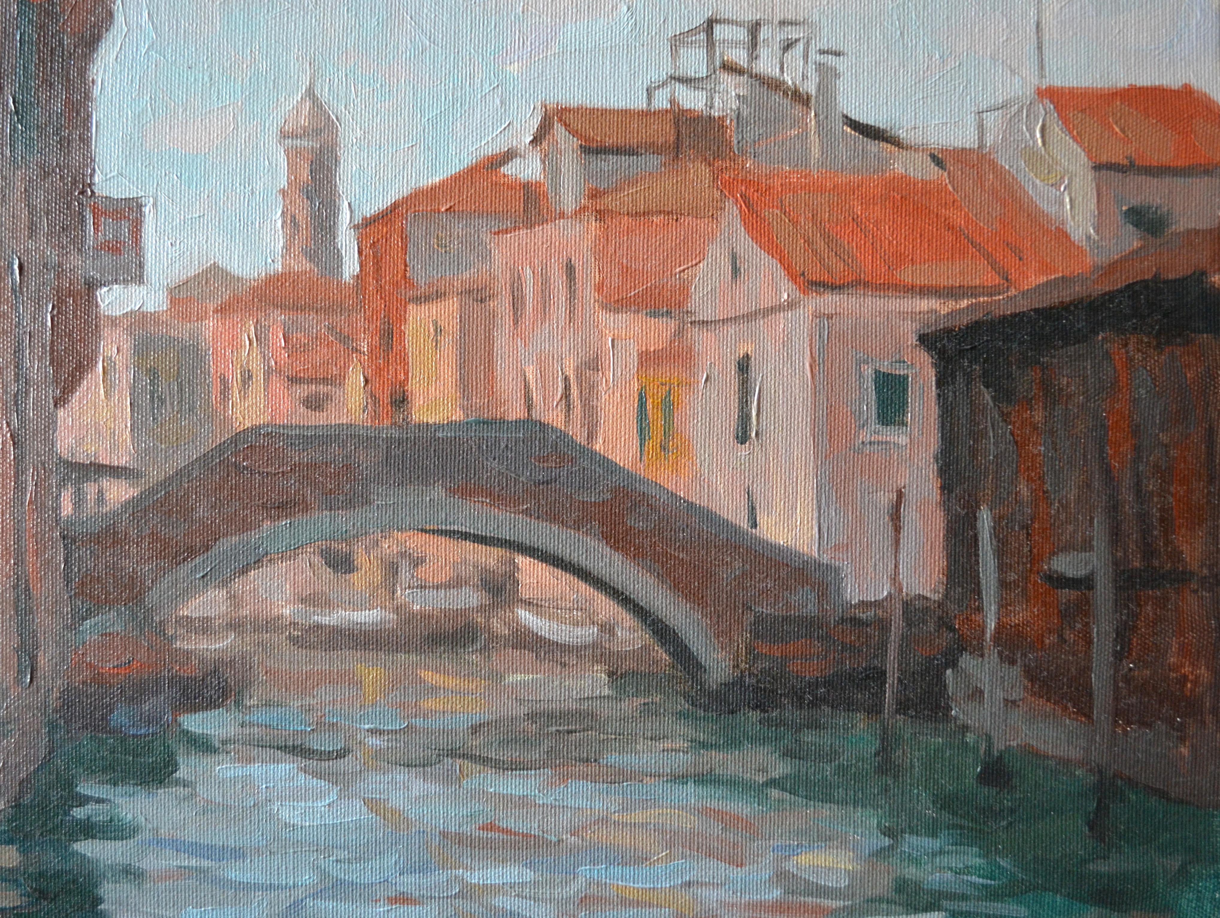 The painting was painted from life. It depicts a corner of Venice near the ancient San Trovaso boatyard, the wooden wall of one of the buildings of which we see on the right. On the left is the wall of a house standing in the water with a barred