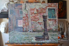 Venice. Tintoretto's courtyard. Horizontal landscape painting, Venezia.