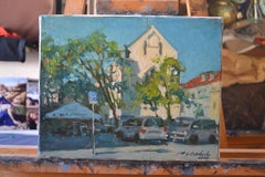 View of the old town. Small horizontal landscape painting, summer