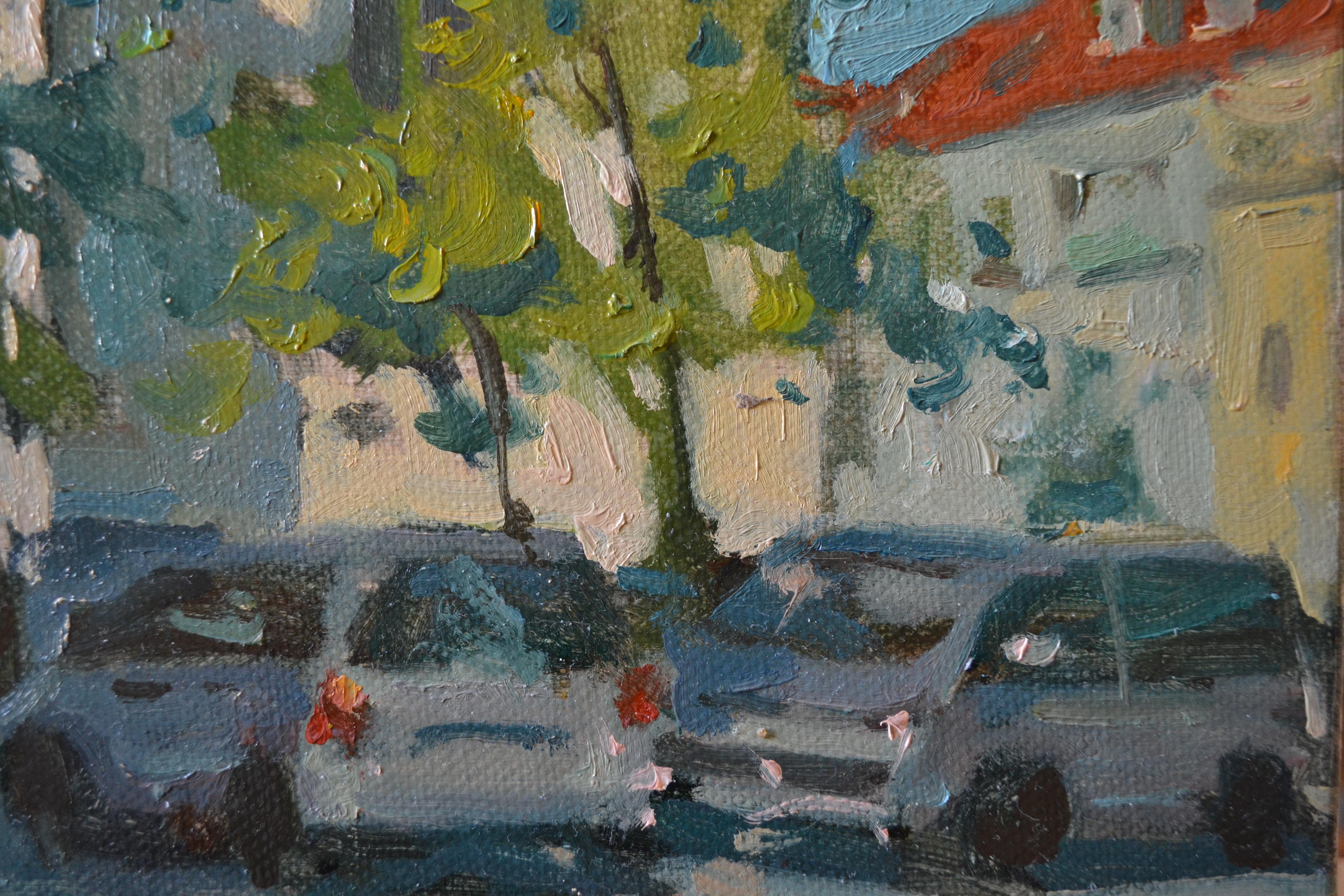 View of the old town - Gray Landscape Painting by Dmitry Evtushenko