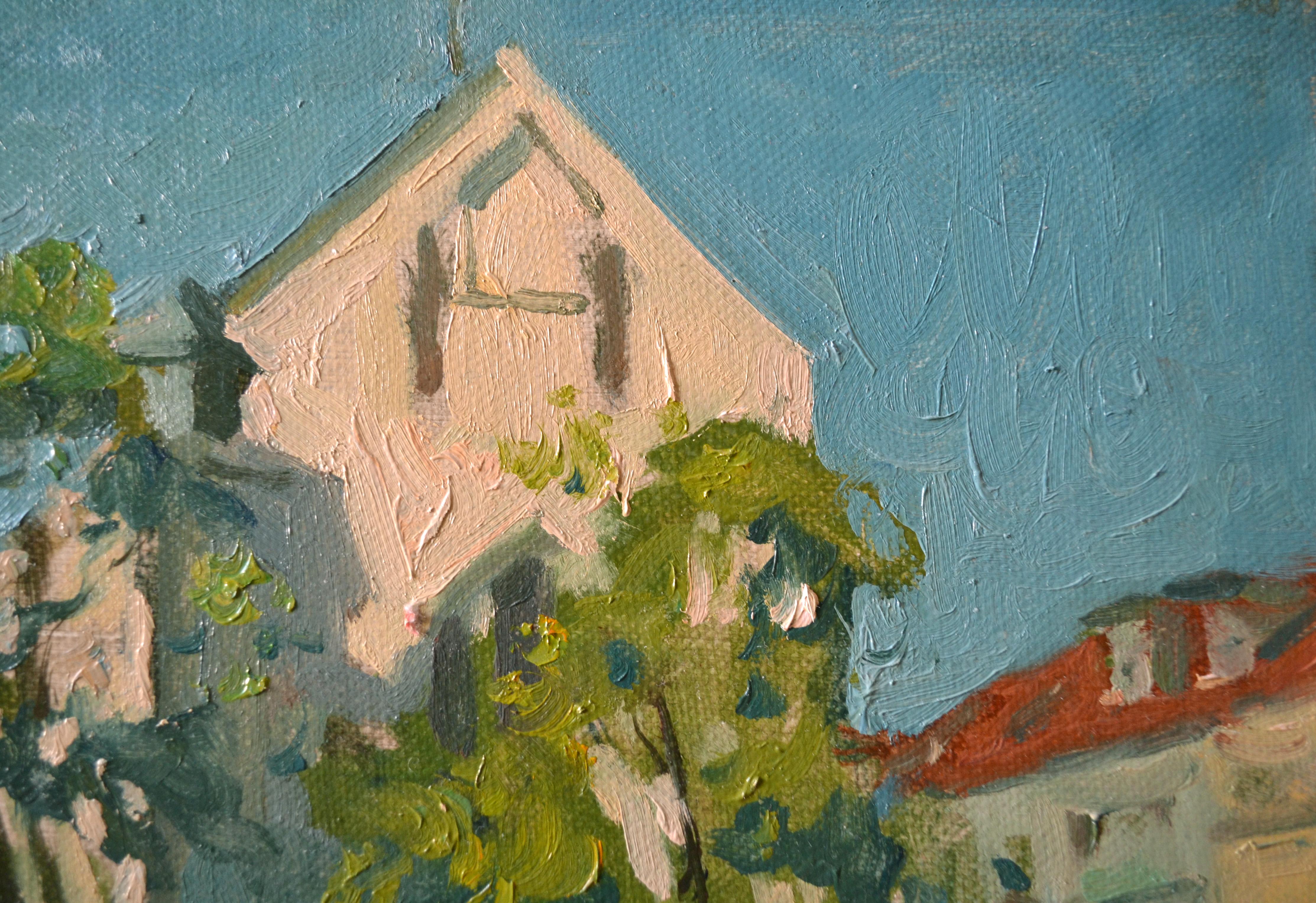This is a quick urban sketch painted from life. We see a corner of the Bavarian city of Würzburg on a sunny summer day. The main 