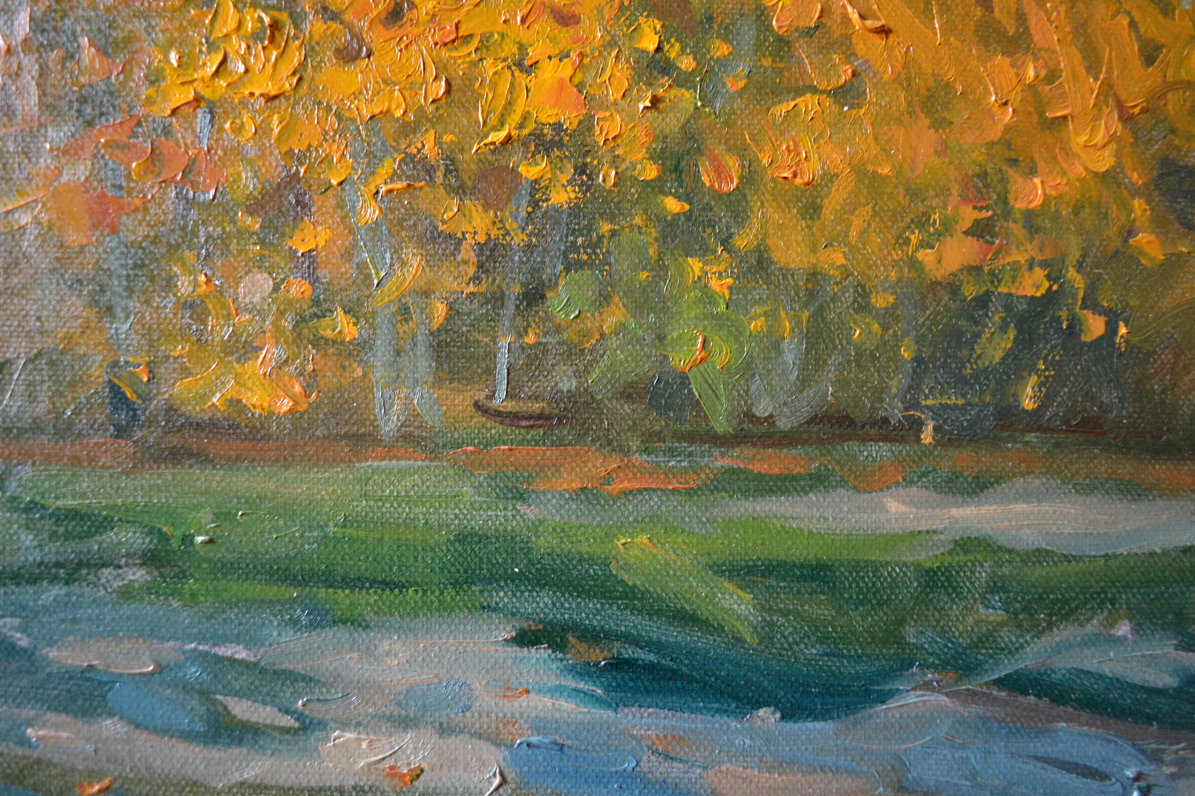 The painting was painted from life on an autumn evening. It depicts the surroundings of the Main River. In the background, against a blue sky with light clouds, we see a gentle hill covered with yellowed grape bushes, the harvest of which has