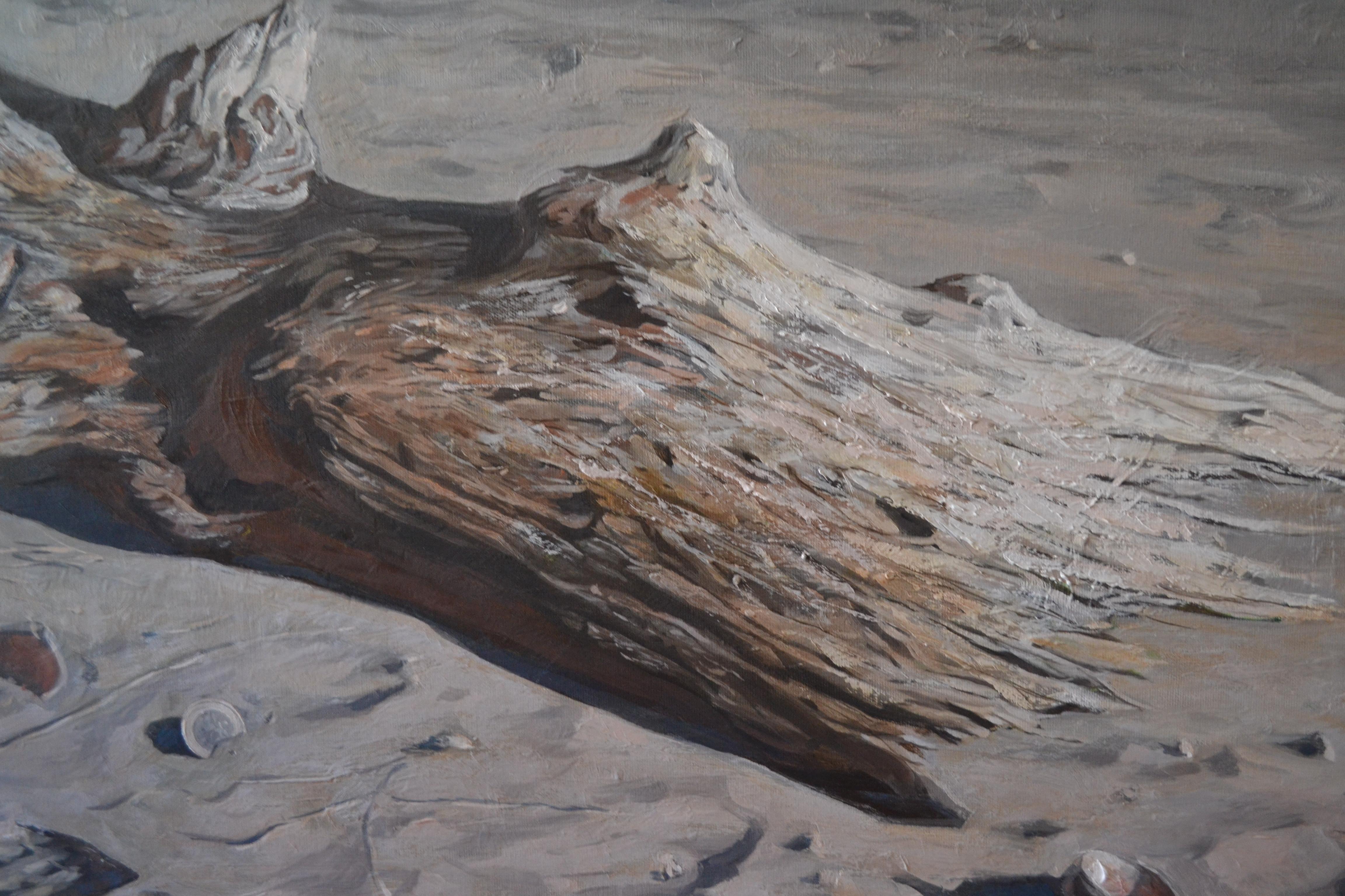 Winter Beach. Lido - Gray Landscape Painting by Dmitry Evtushenko