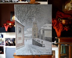 Winter in Aschaffenburg. Large vertical landscape painting, winter, realism