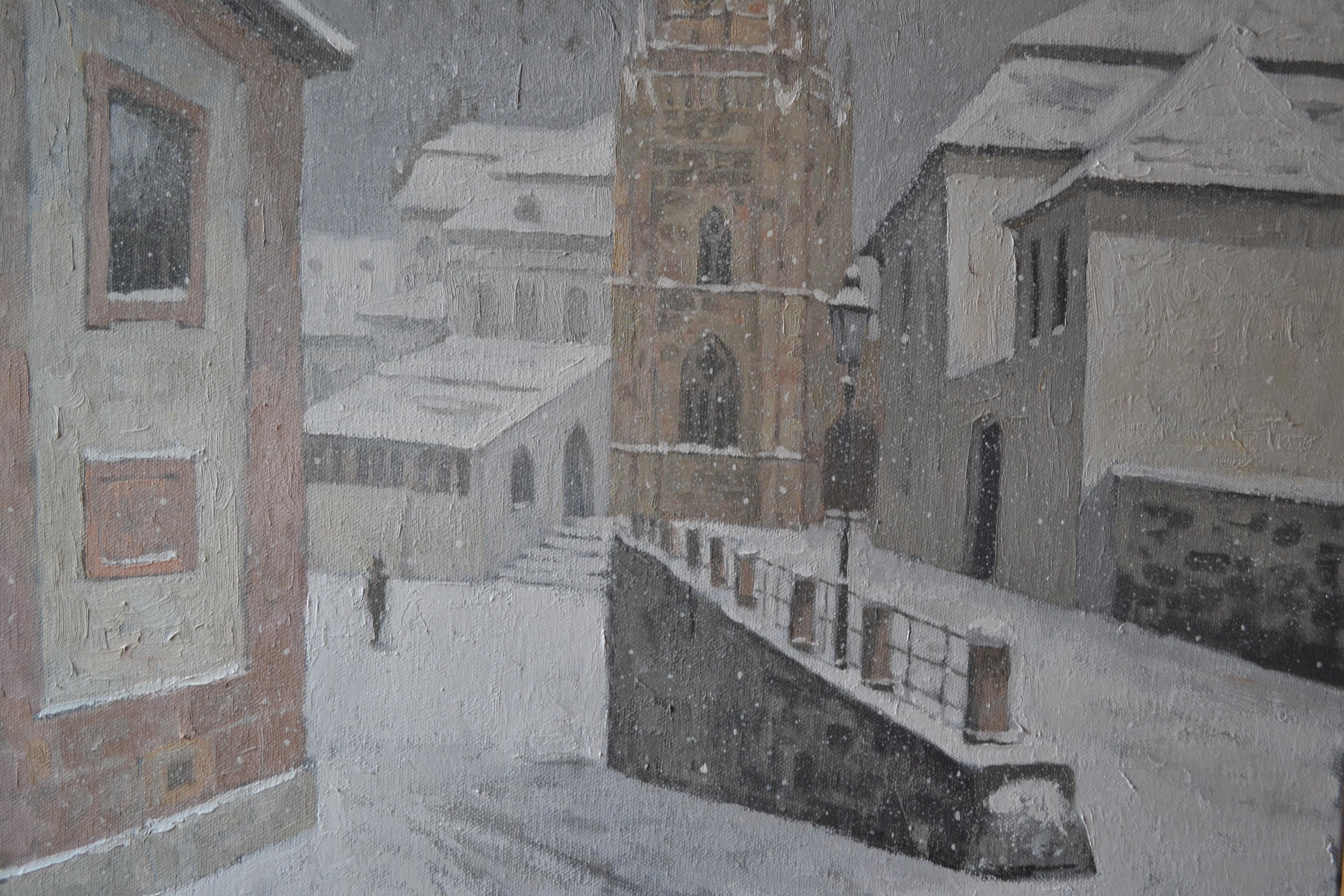 Questa opera d'arte raffigura un angolo accogliente dell'antica città tedesca di Aschaffenburg. Una giornata invernale con un fenomeno così raro per l'Europa come la neve. La neve cade e ricopre le vecchie pietre del selciato, i tetti di tegole
