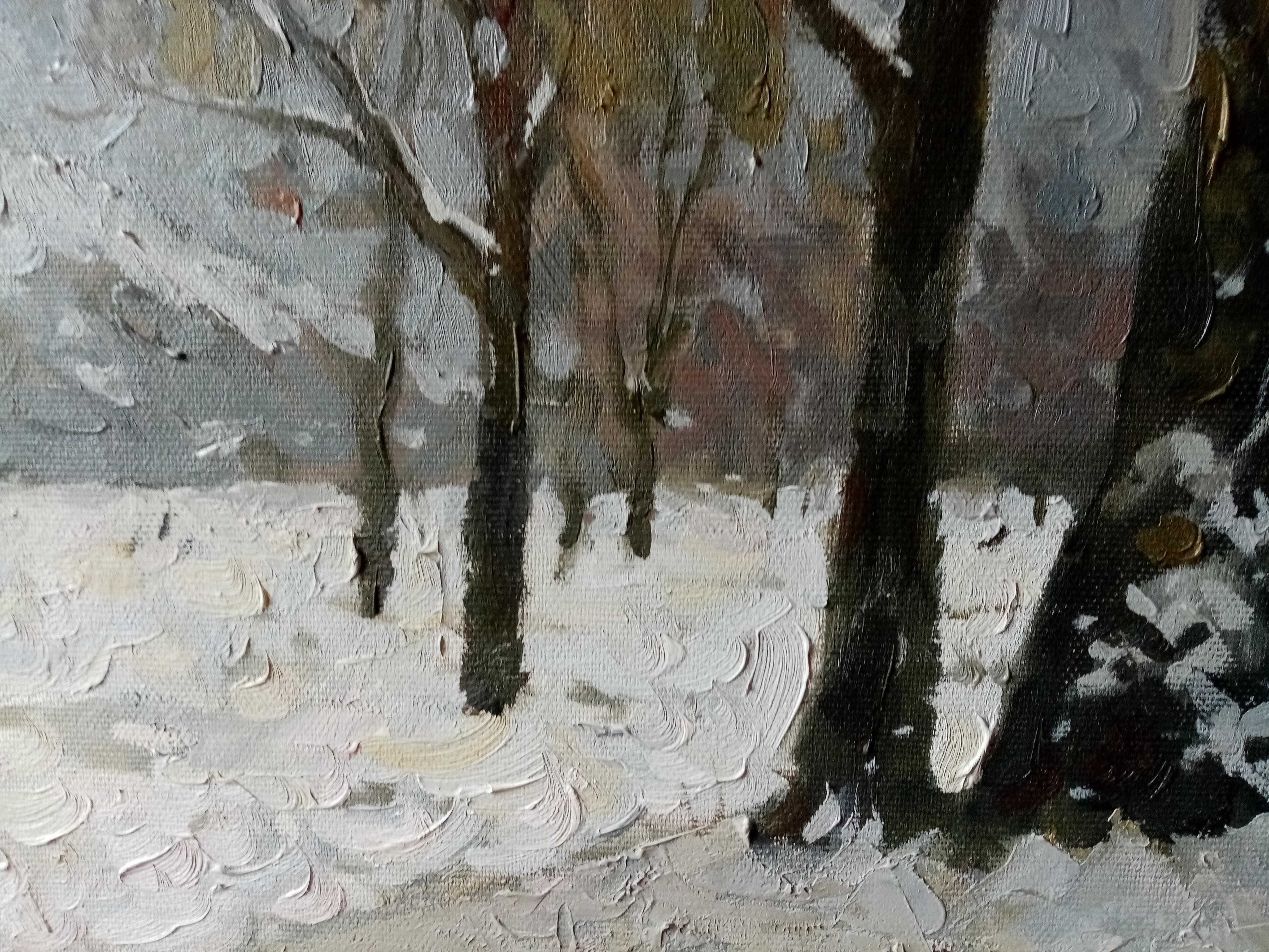 A rare winter day on the banks of the Main in a Bavarian town where snow has fallen. In the foreground are trees with snow on their bark and bare branches. To the left, a mother in a red coat is pulling her baby on a sled along a path trodden in the