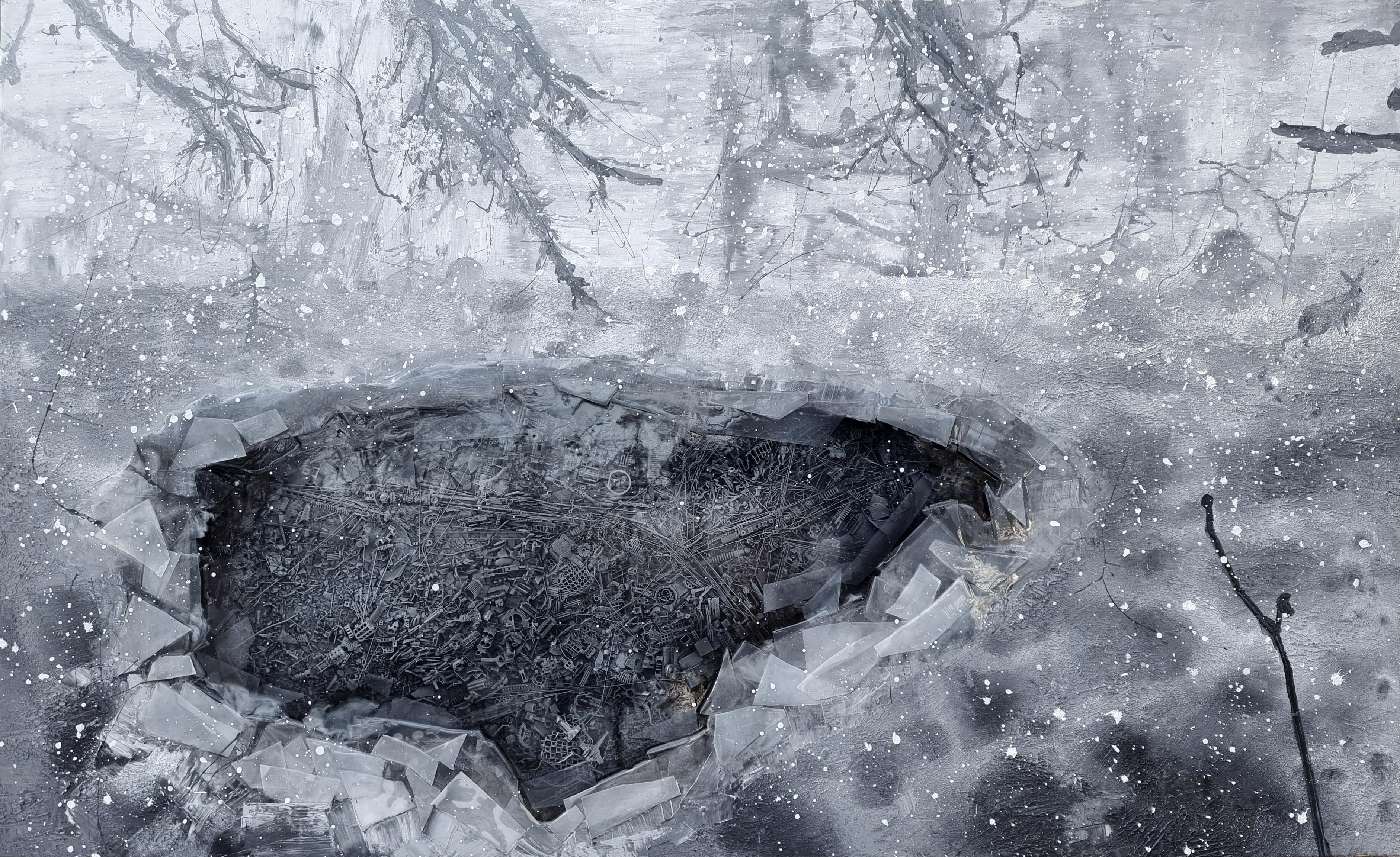 „Weißer See“ Mixed Media-Wandskulptur 48" x 79" x 1,5" Zoll von Dmitry Kawarga