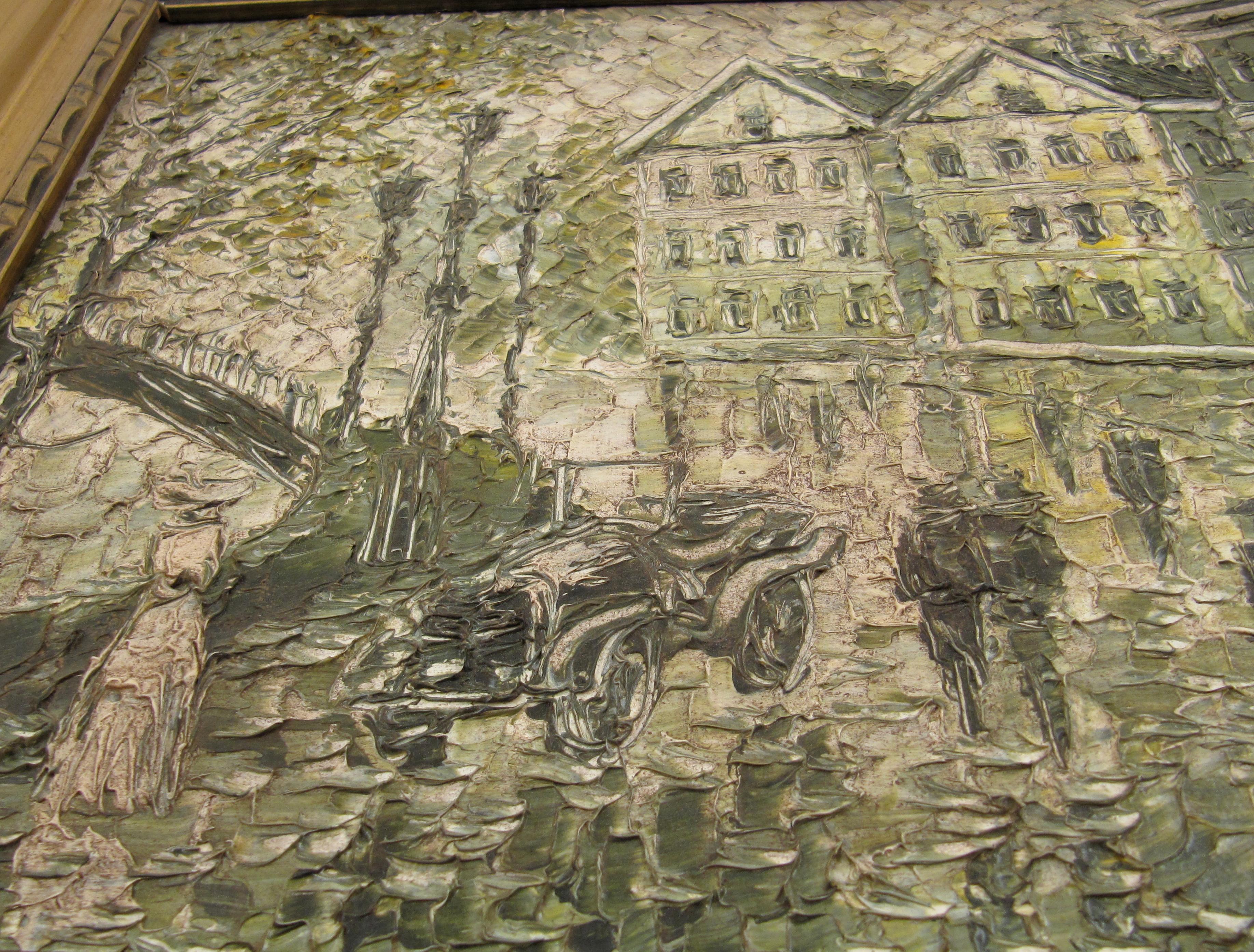 Dmitry Alexandrovich Kustanovich
(biélorusse, 29.3.1970)

Paysage urbain vivant un jour de pluie à Minsk, Belarus

•	Huile sur toile, montée sur panneau de fibres, env. 27 x 35 cm
•	Cadre ca. 39 x 47 cm
•	Signé dans la peinture humide en bas à