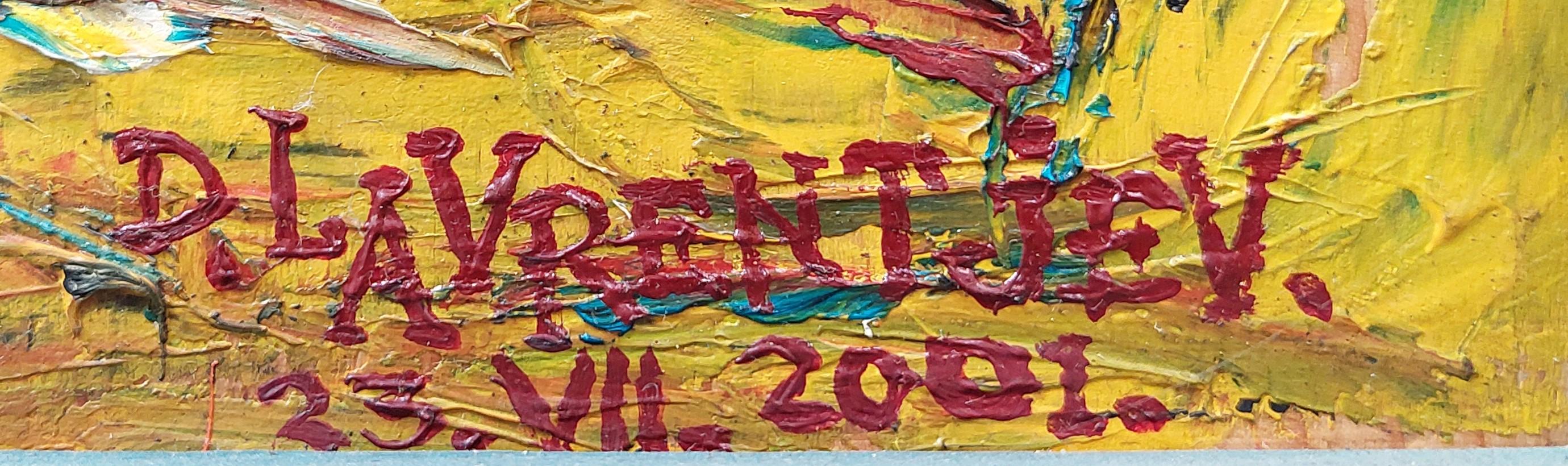 Caza de mariposas 2001, madera, óleo, 50,5x34 cm - Painting Expresionismo abstracto de Dmitry Lavrentjev 