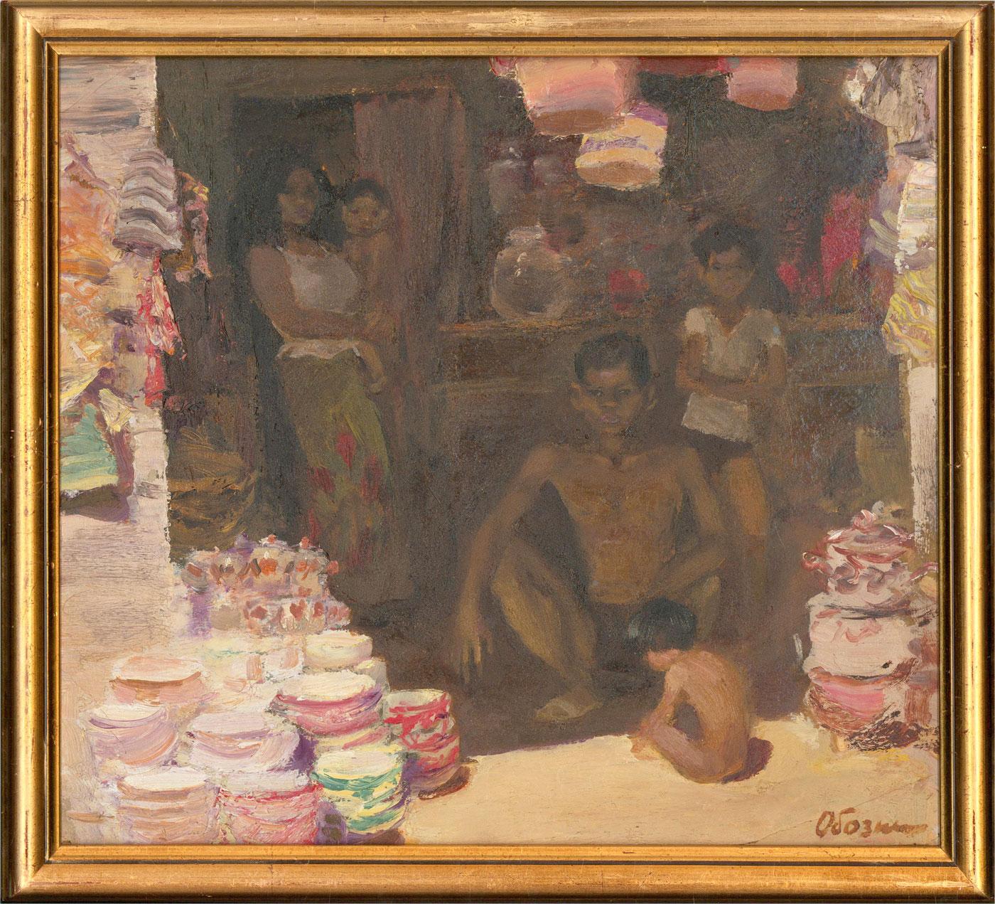 An accomplished oil painting by the Russian artist Dmitry Oboznenko, depicting a street pottery shop with figures. Signed to the lower right-hand corner. The artist's name, date and title 'Ð›Ð°Ð²ÐºÐ°' are inscribed on the reverse. Presented in a