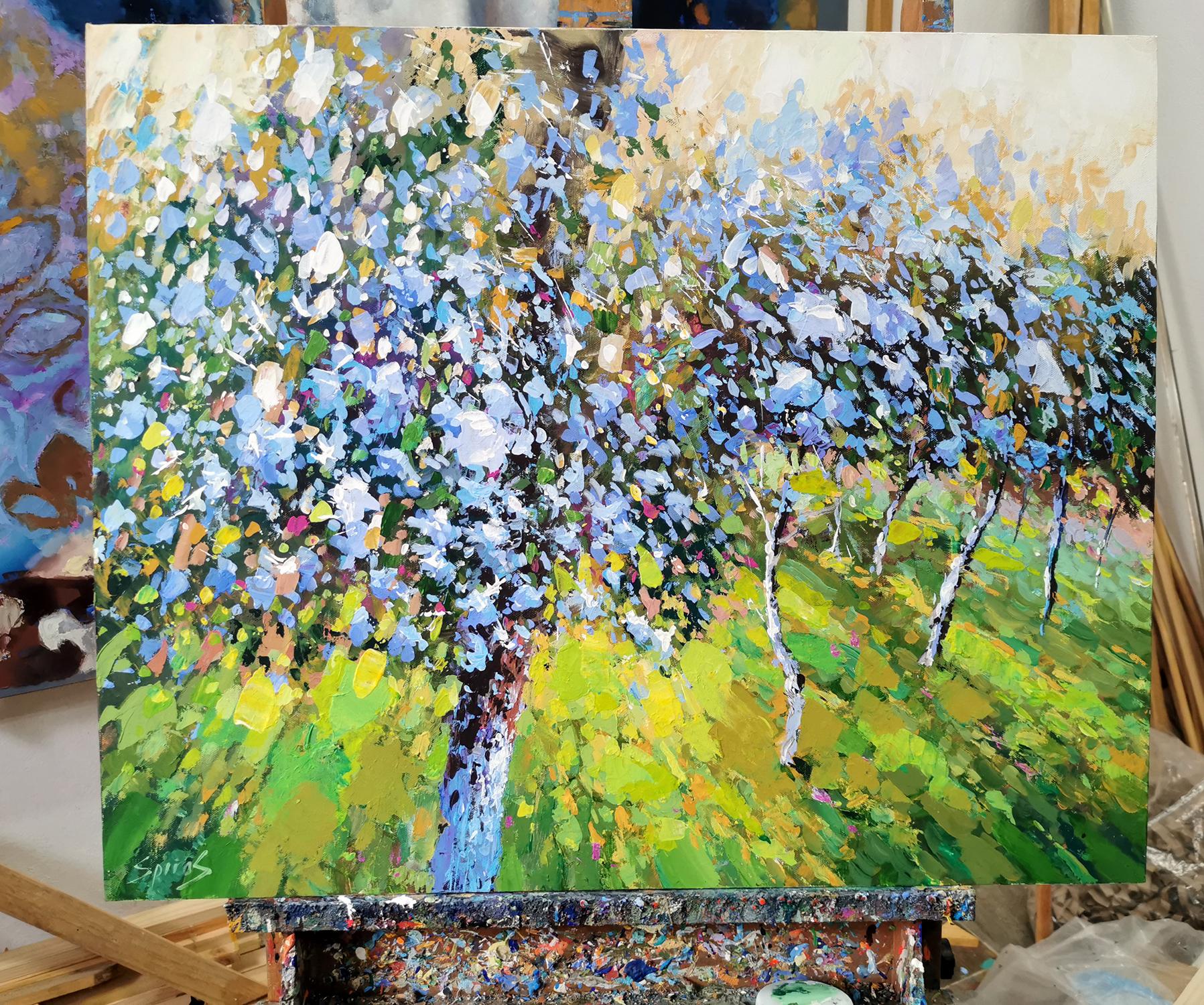 Blühender Abend - Öl-, Acrylgemälde auf Leinwand, großformatig, hängefertig

Frühling. 
Die Bäume blühen mit üppigen Flocken. 
Das Gras unter den Bäumen ist aufgewacht und grün geworden. Die Sonnenstrahlen brechen durch die ersten Blätter.

Größe: