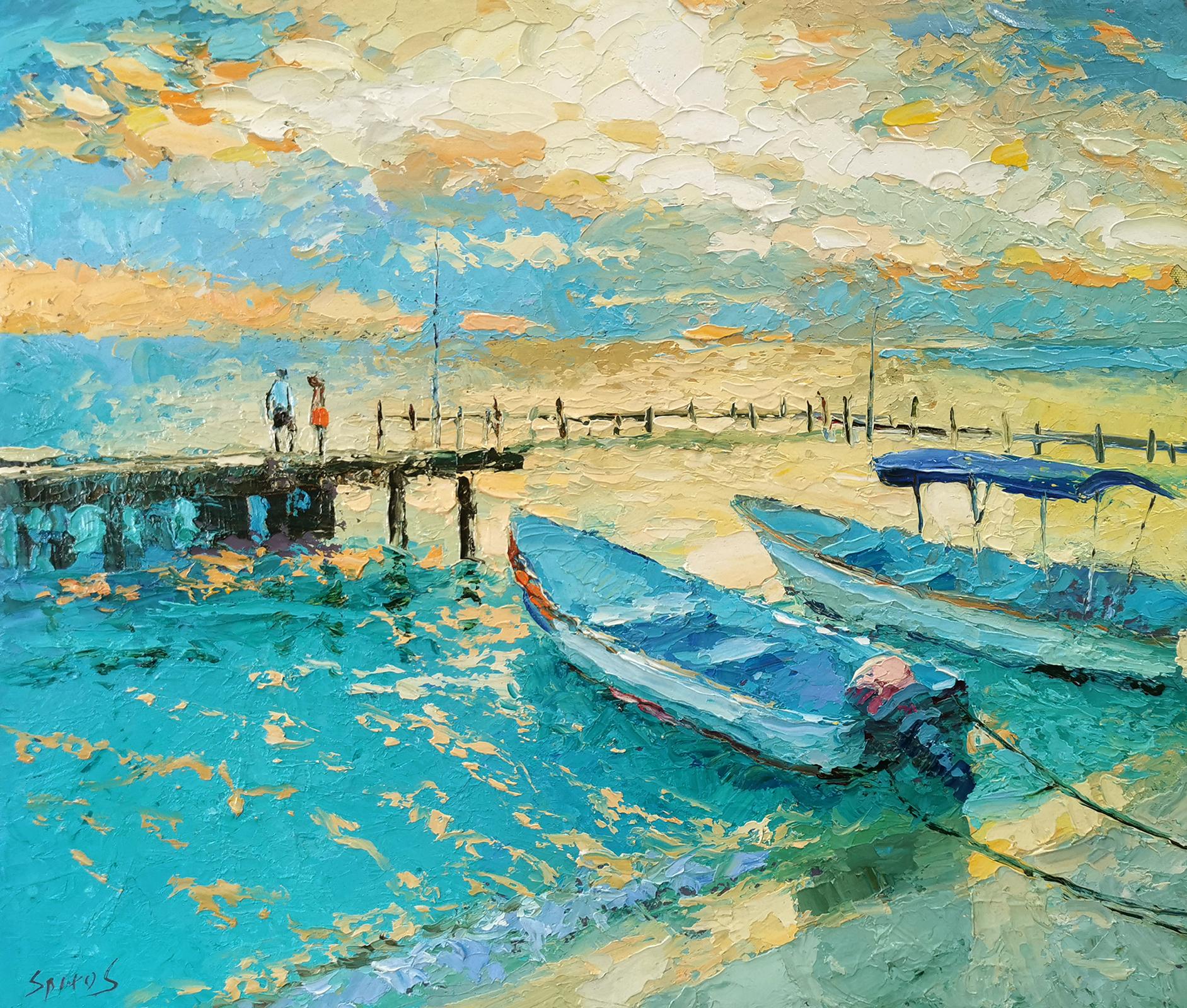 Dmitry Spiros Landscape Painting - Fishing boats evening