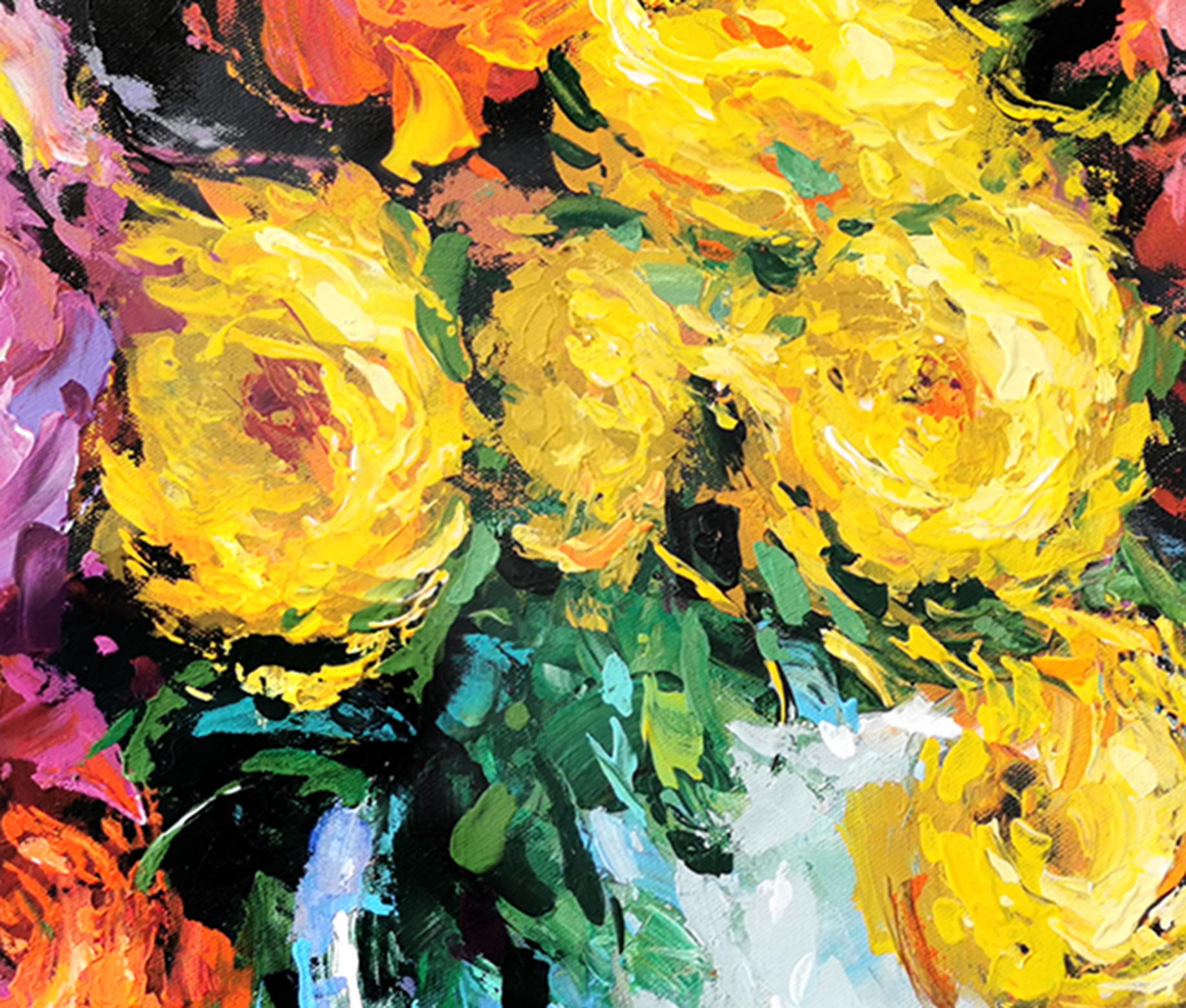 Peonies dans un vase blanc - Noir Landscape Painting par Dmitry Spiros