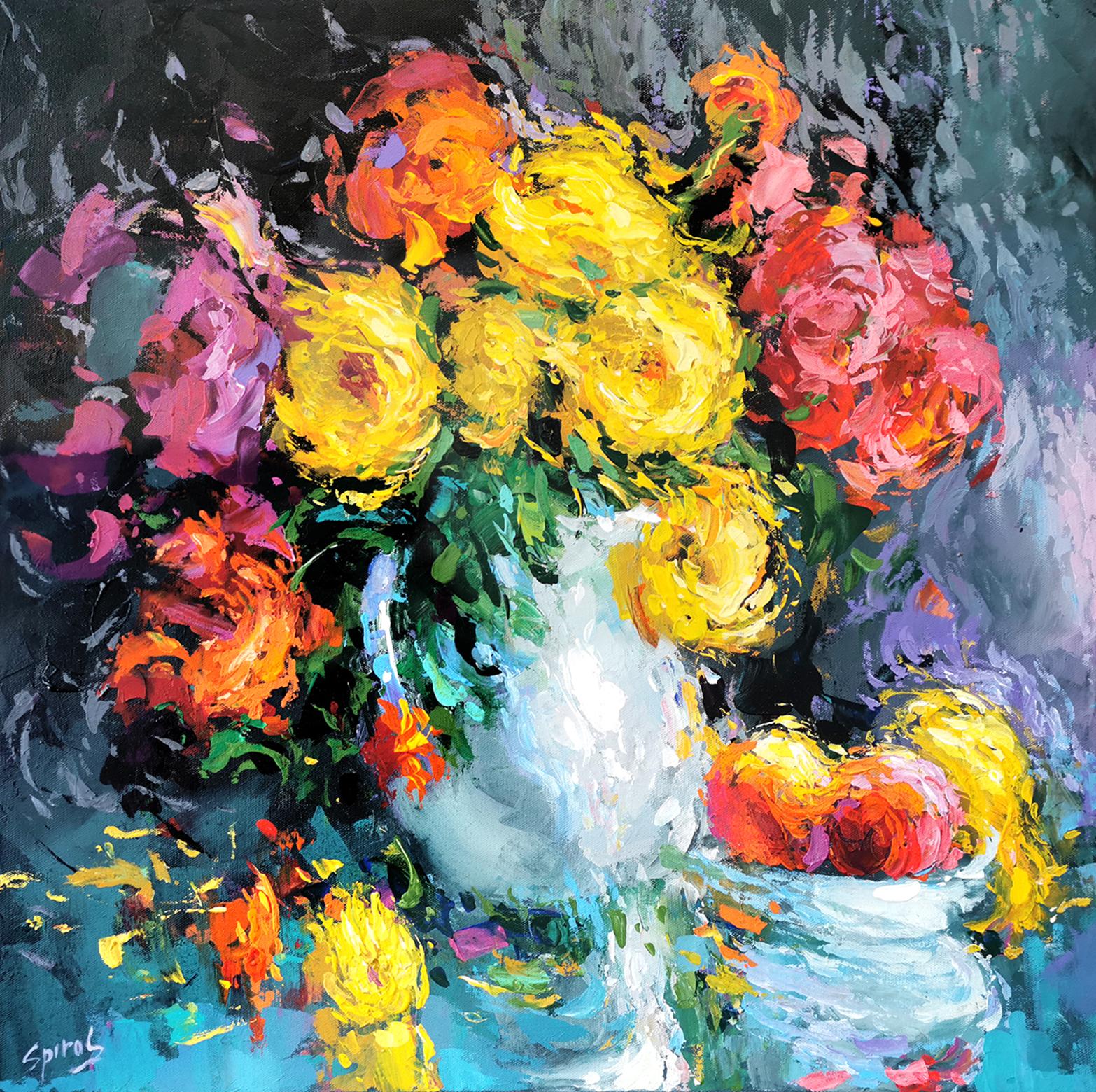 Dmitry Spiros Landscape Painting - Peonies in a white vase