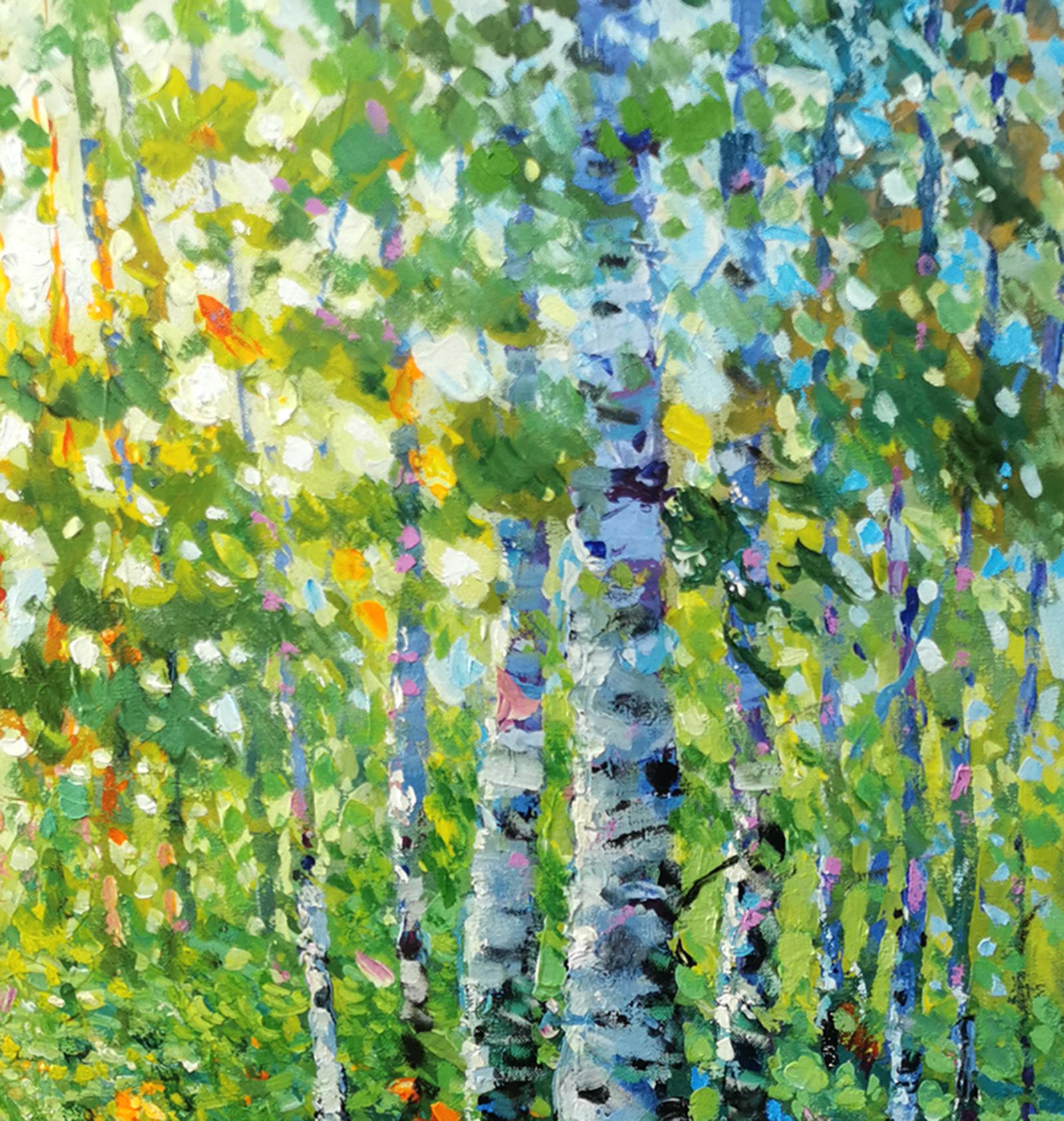 Rayons à travers le feuillage - Gris Landscape Painting par Dmitry Spiros