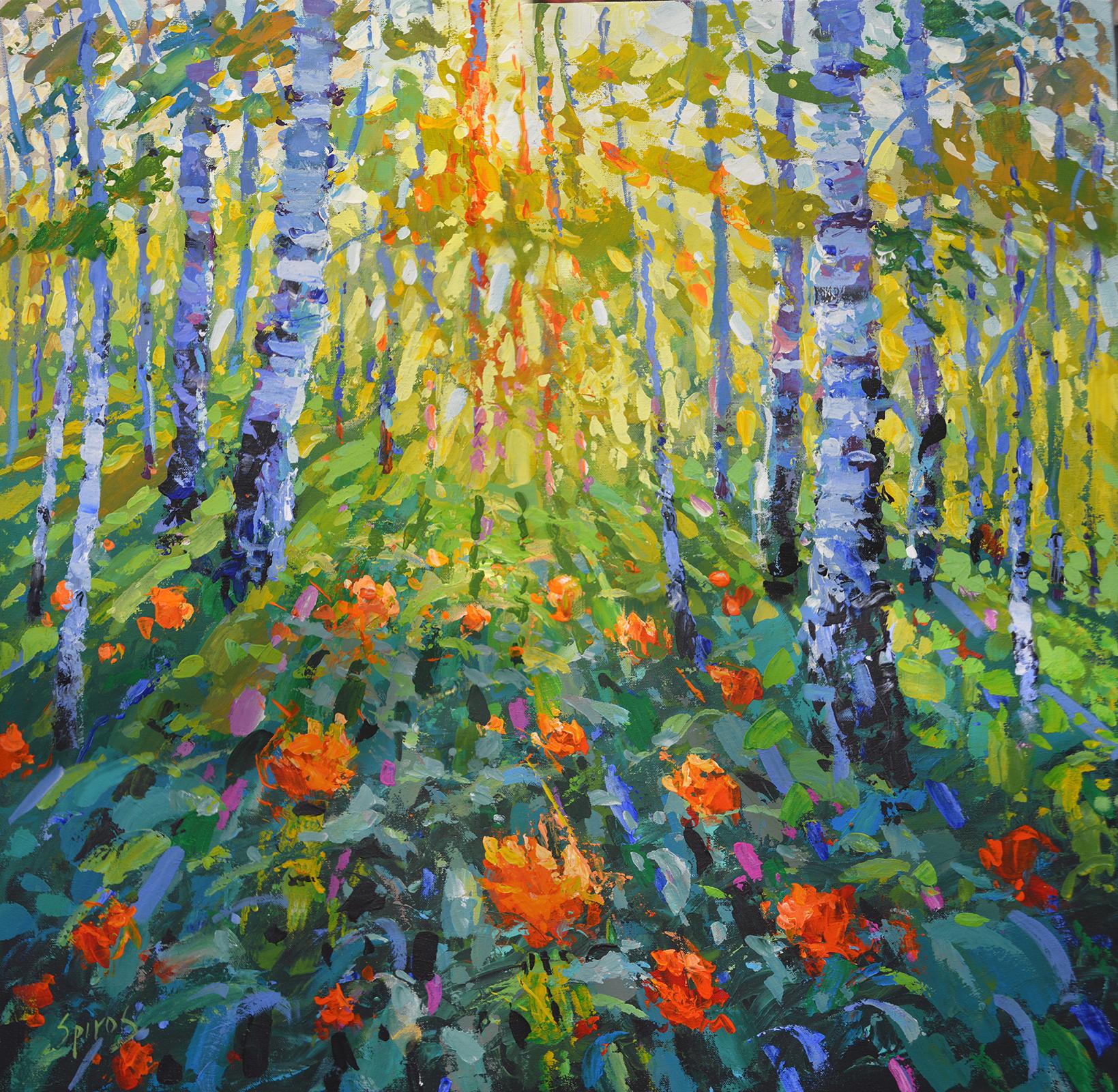 Dmitry Spiros Landscape Painting – Rays durch das Blattwerk
