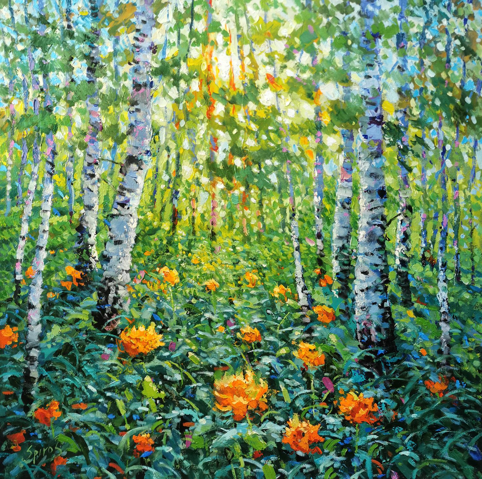 Landscape Painting Dmitry Spiros - Rayons à travers le feuillage