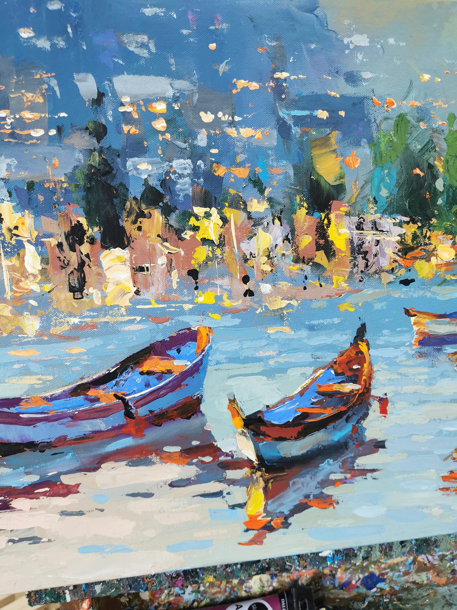 Twilight harbor - Blue Landscape Painting by Dmitry Spiros