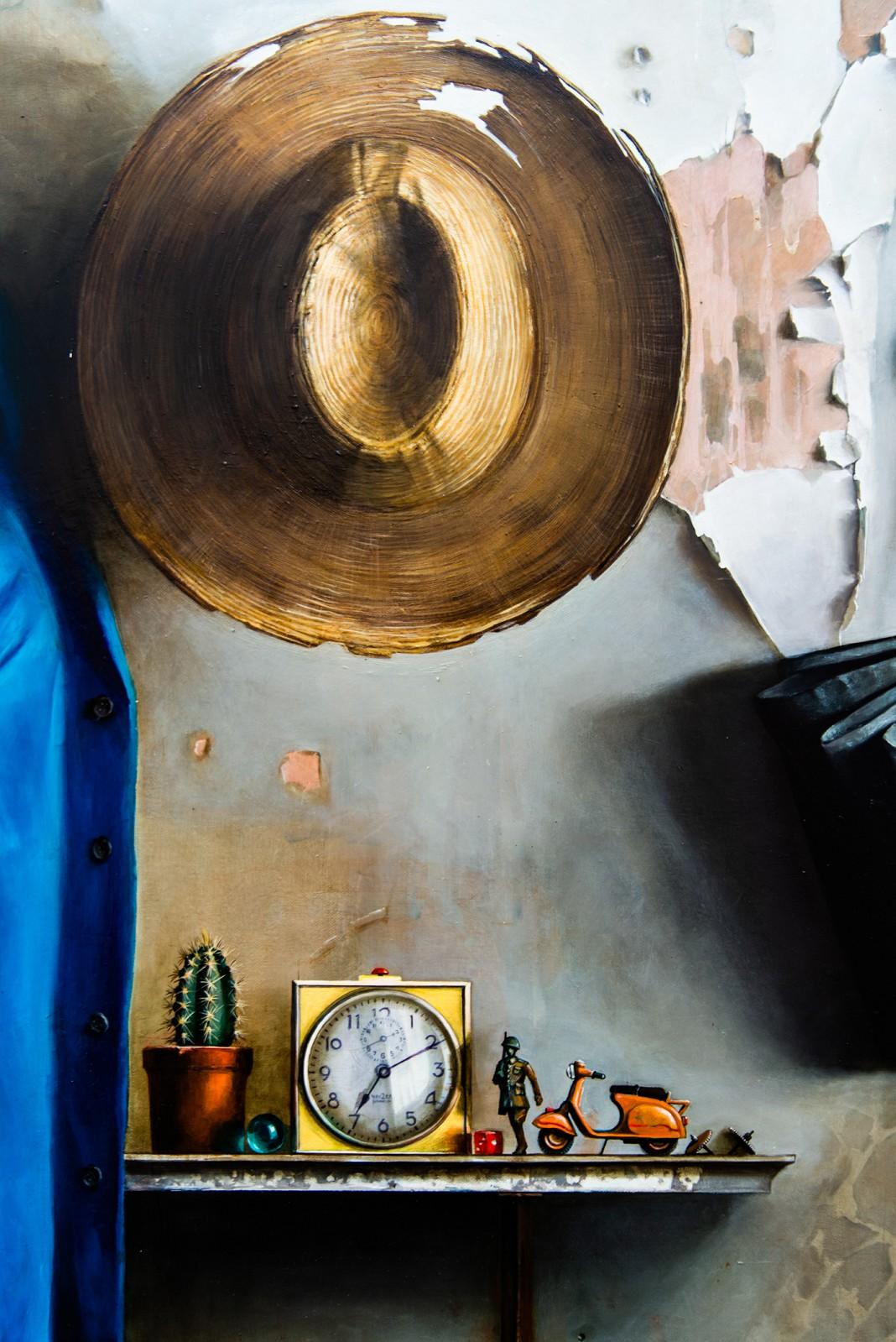 7:20 PM - bright, vivid detail, realist, interior, still-life oil on canvas - Gray Interior Painting by Dmitry Yuzefovich