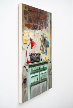 Cup of Couchtisch und Schreibmaschine - realistisch, ukrainisch, israelisch, Öl auf Leinwand