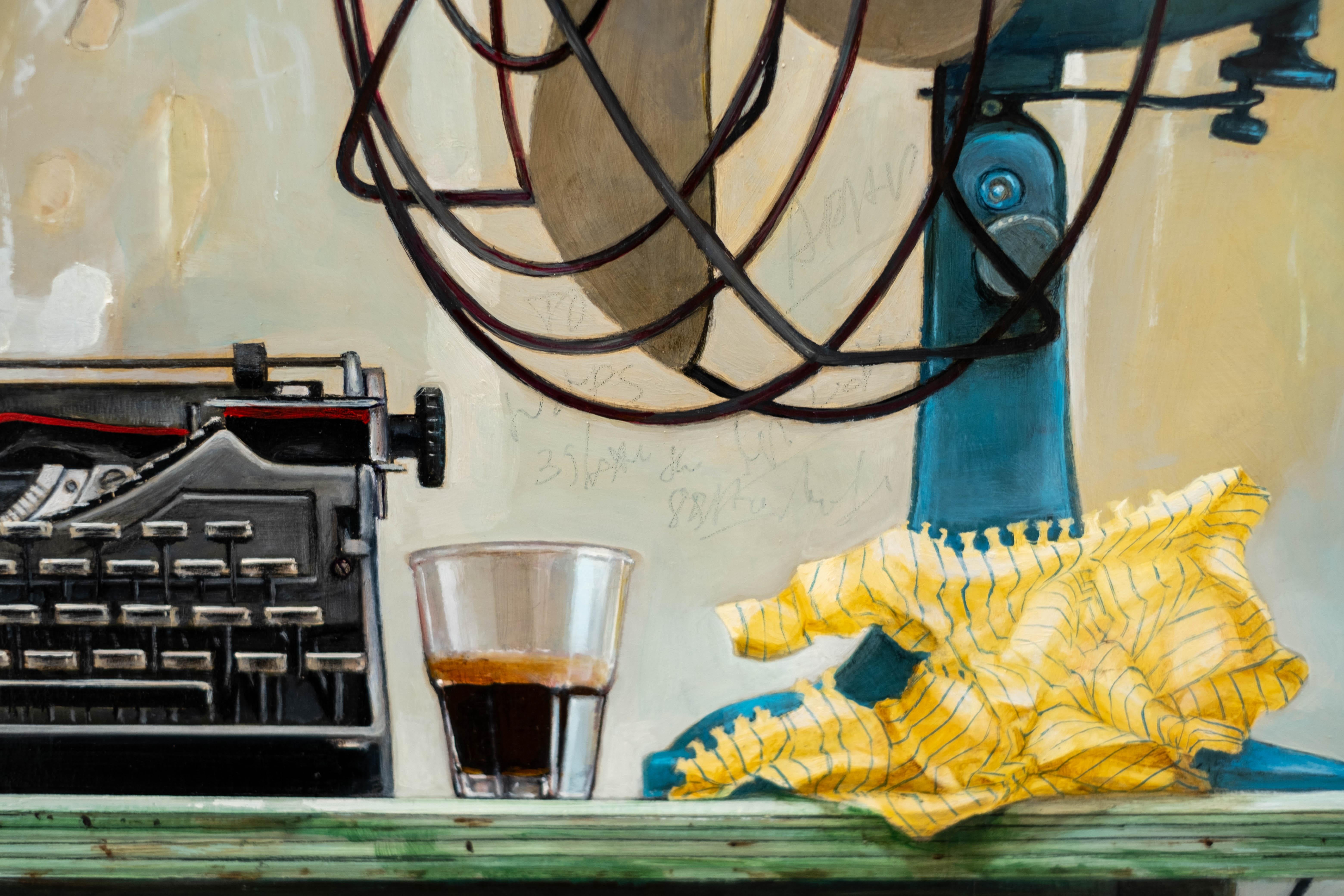 Taza de café y máquina de escribir - realista, ucraniano, israelí, óleo sobre lienzo 2