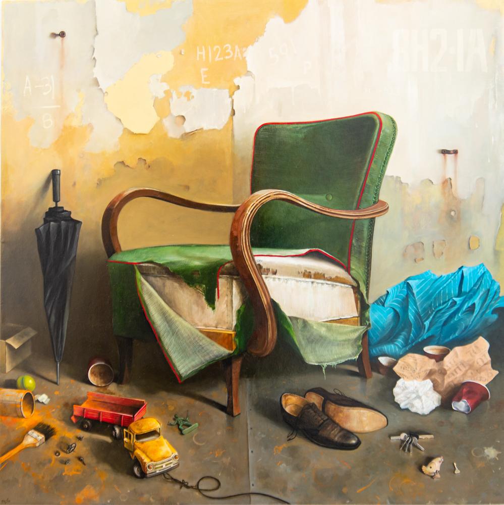 Green Armchair - vivid detail, realist, interior, Ukrainian, oil on canvas