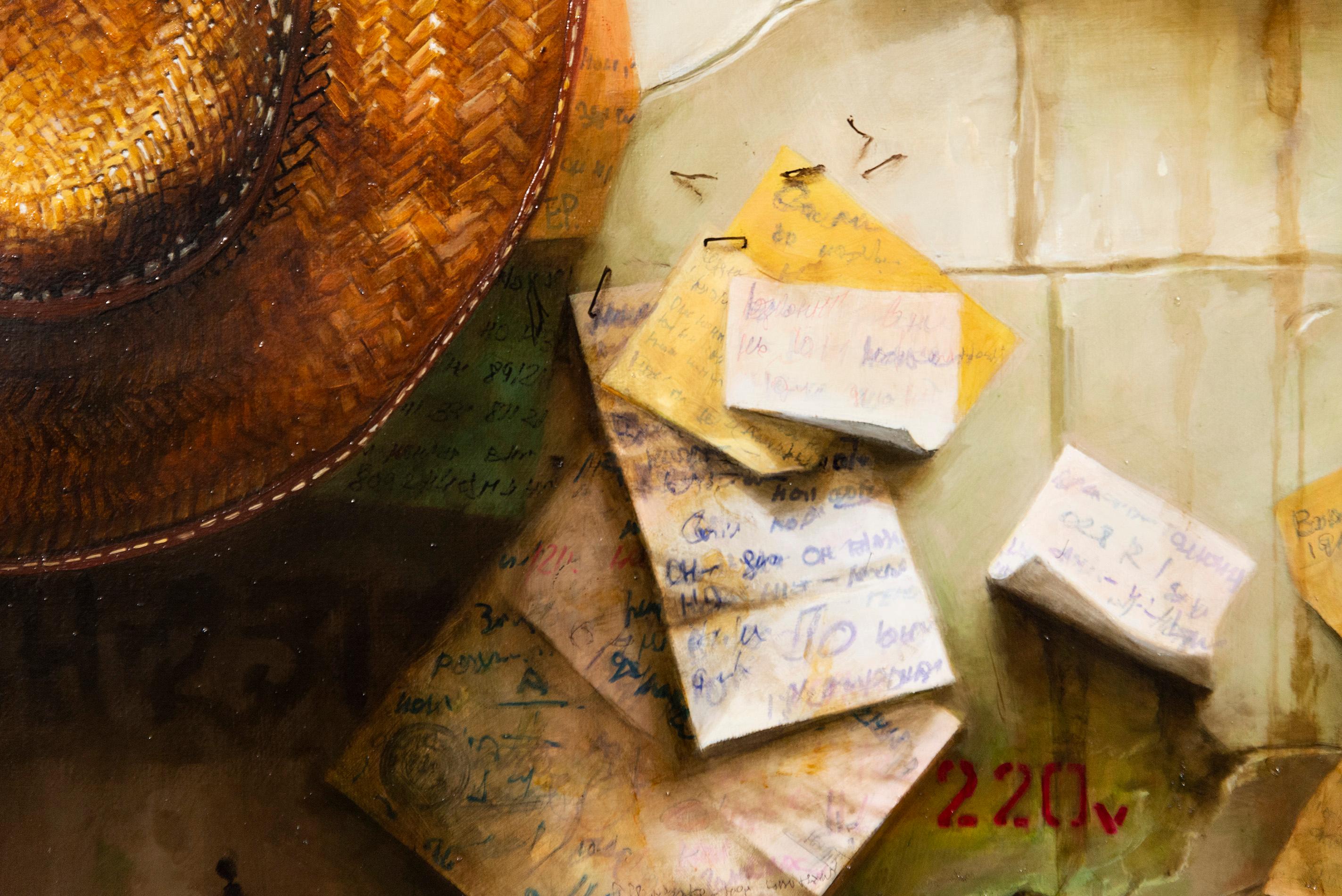 Hat on the wall - colorful, realist, interior, Ukrainian, Israeli, oil on canvas - Brown Still-Life Painting by Dmitry Yuzefovich