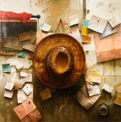 Hat on the wall - colorful, realist, interior, Ukrainian, Israeli, oil on canvas