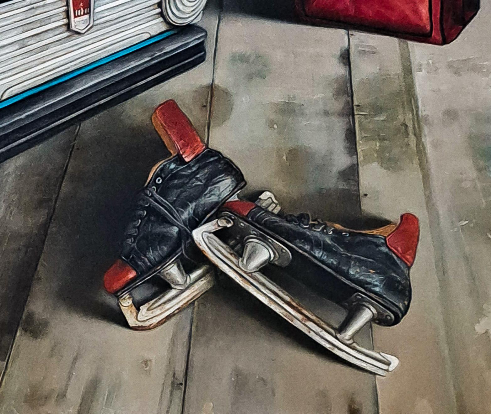 Pedal Car and Skates - realist, interior, Ukrainian, Israeli, oil on canvas - Painting by Dmitry Yuzefovich