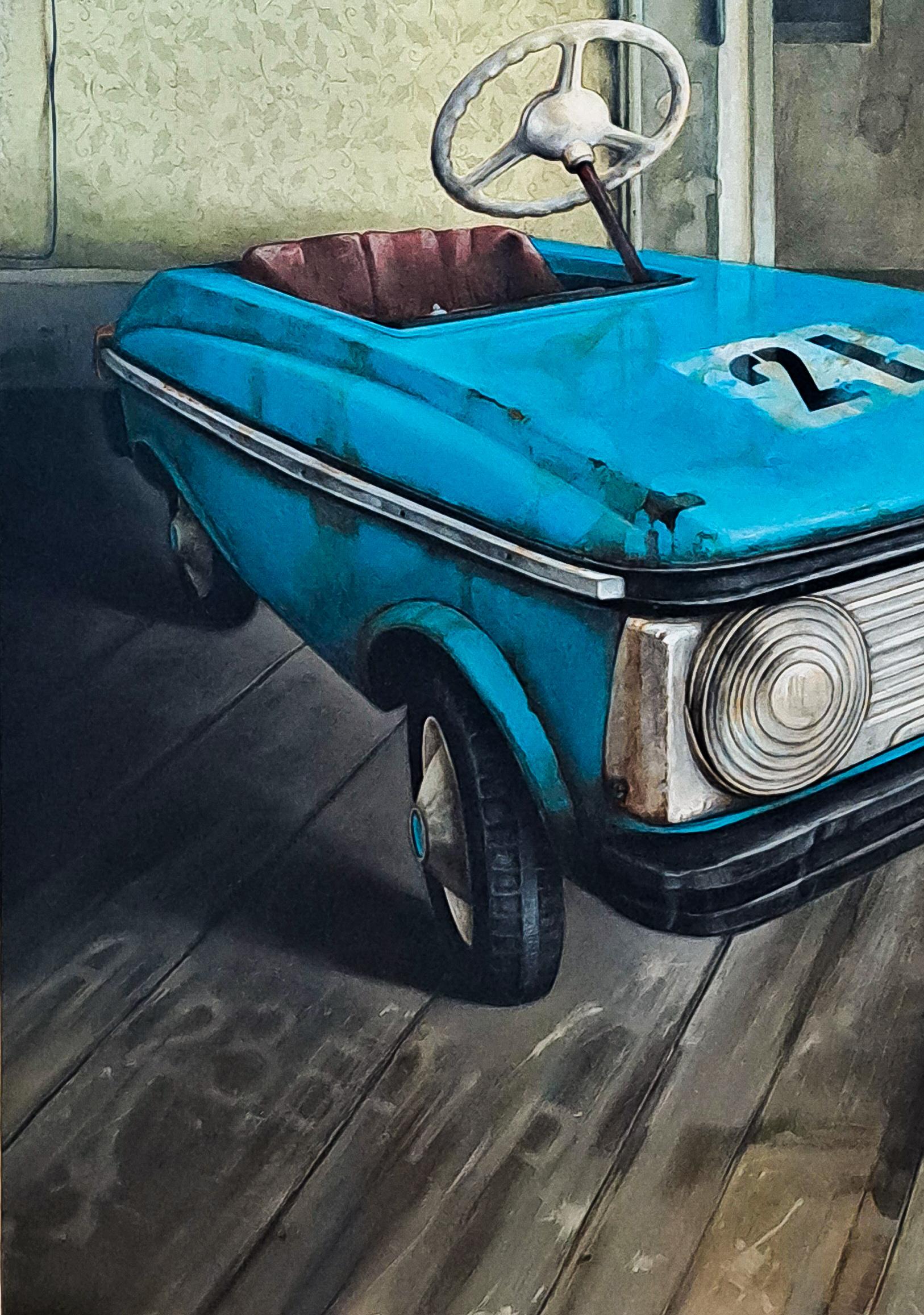 Cherished memories from his childhood growing up in Ukraine often become the subjects of Dmitry Yuzefovich’s beautiful paintings. As a little boy, he recalled the joy he felt behind the wheel of this toy car. It appears here in bright blue, a pair