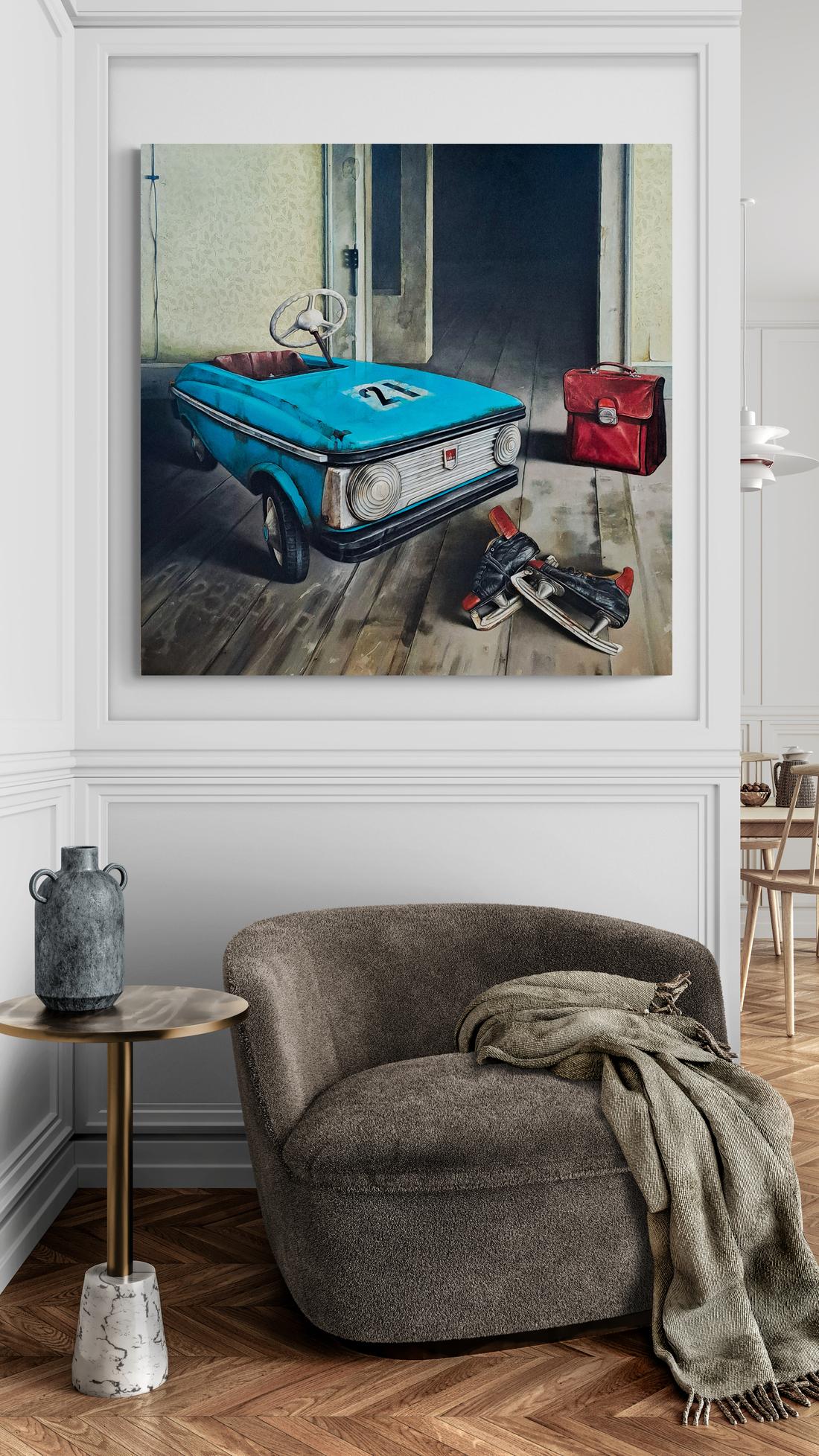Pedal Car and Skates - realist, interior, Ukrainian, Israeli, oil on canvas For Sale 1