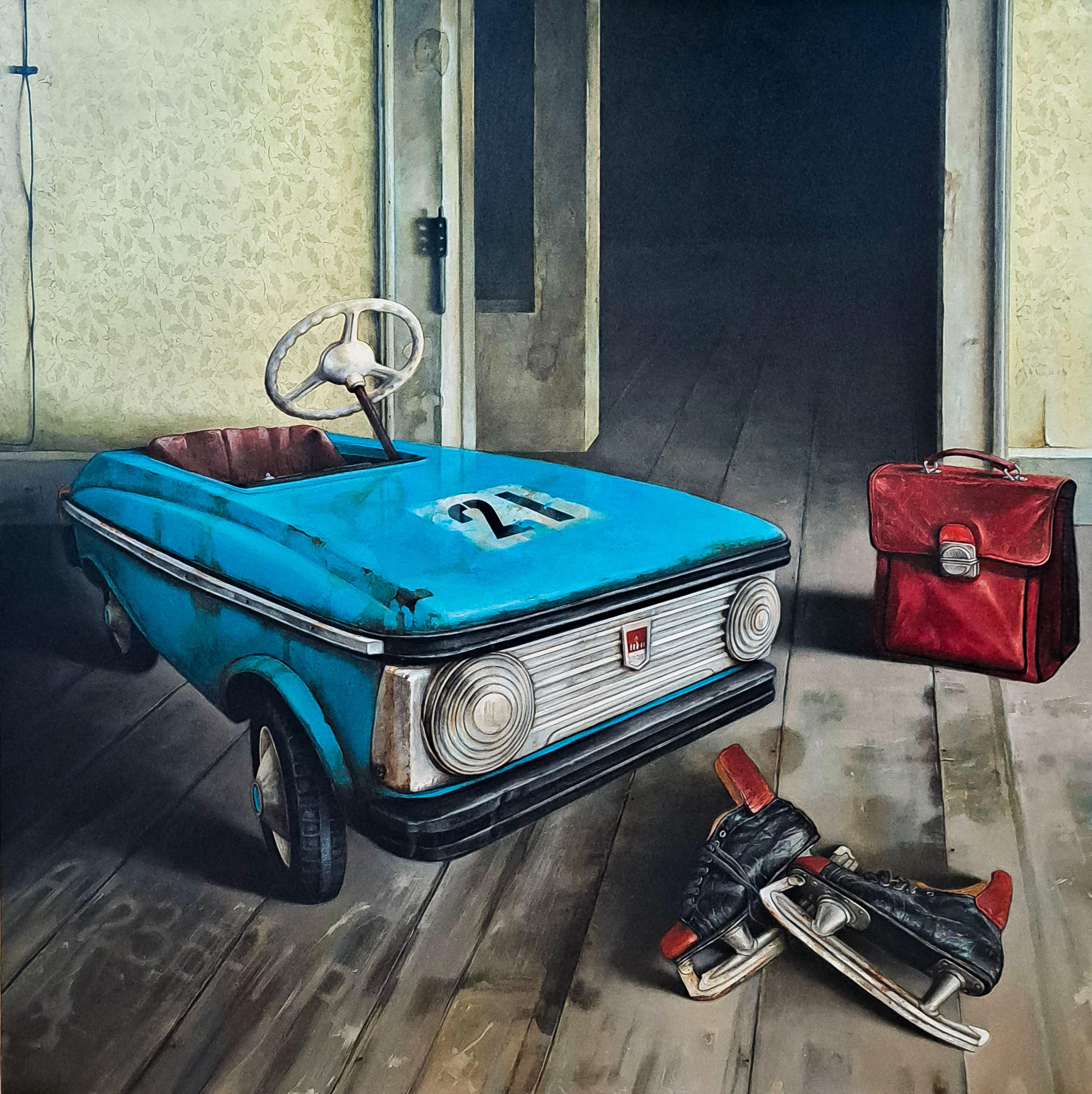 Dmitry Yuzefovich Still-Life Painting - Pedal Car and Skates - realist, interior, Ukrainian, Israeli, oil on canvas