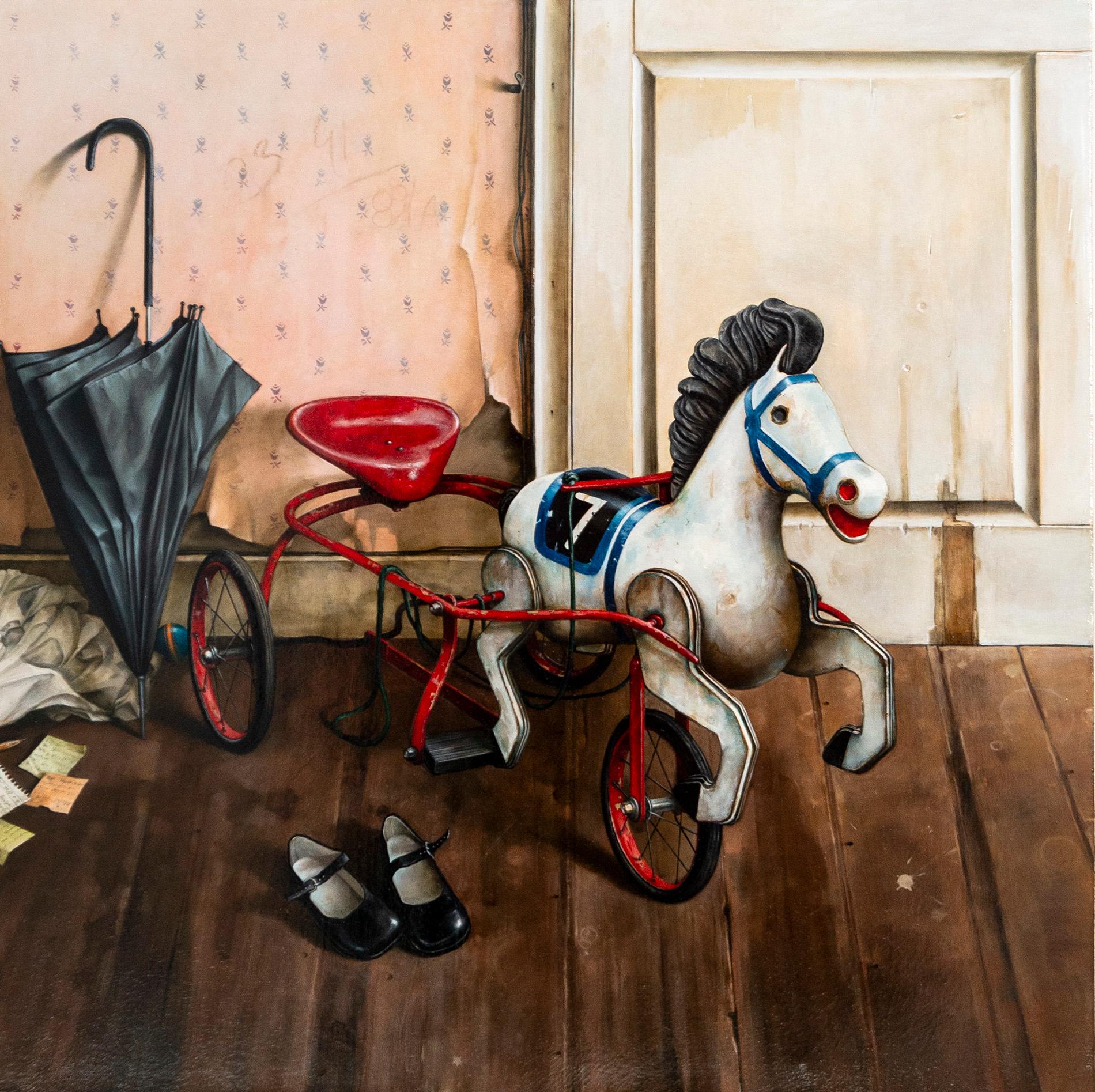 Dmitry Yuzefovich Interior Painting - Racing Toy Horse - detailed, realist, interior, Ukrainian, Israeli, oil/canvas