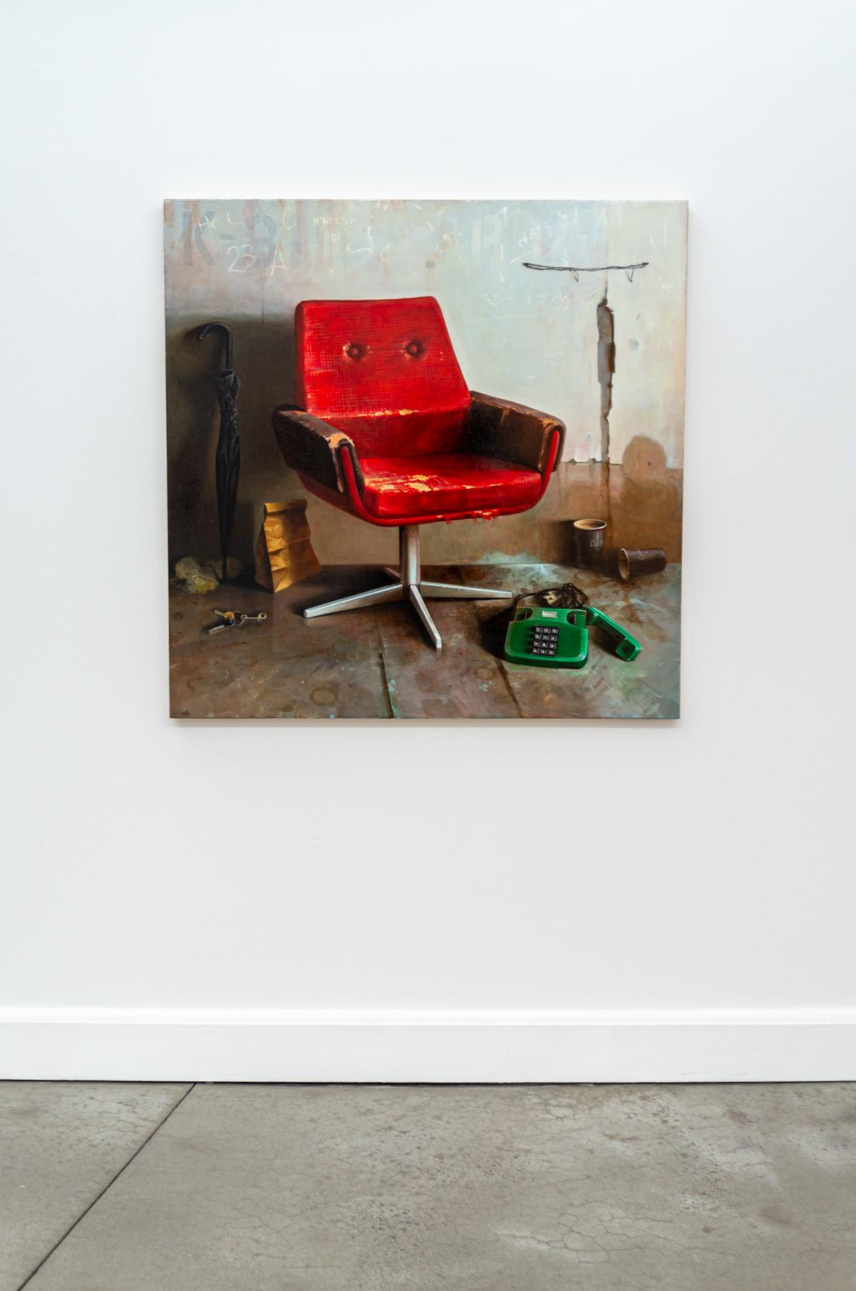 Red Chair and Green Phone - realist, interior, Ukrainian, Israeli, oil on canvas - Painting by Dmitry Yuzefovich