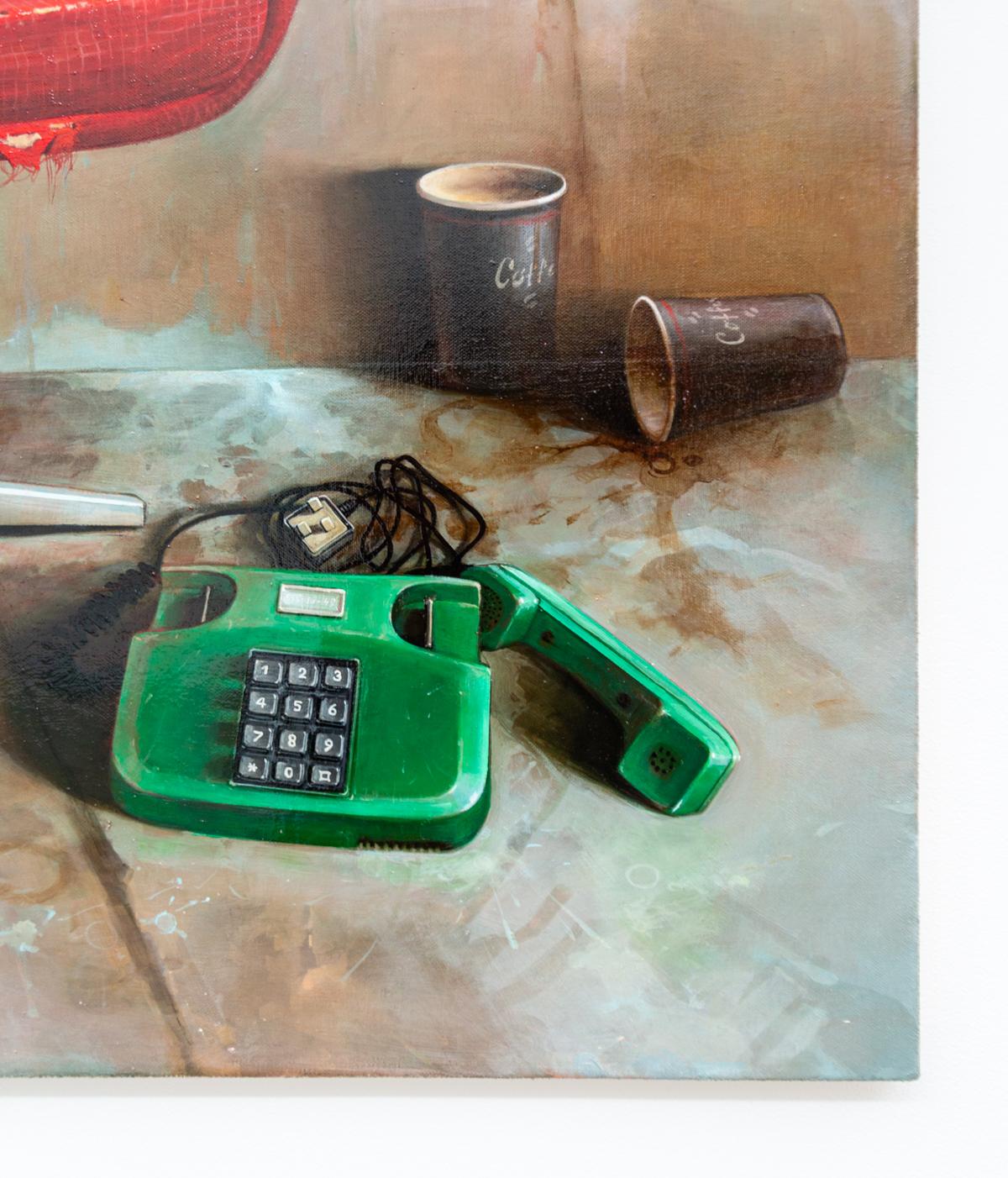 Red Chair and Green Phone - realist, interior, Ukrainian, Israeli, oil on canvas - Contemporary Painting by Dmitry Yuzefovich