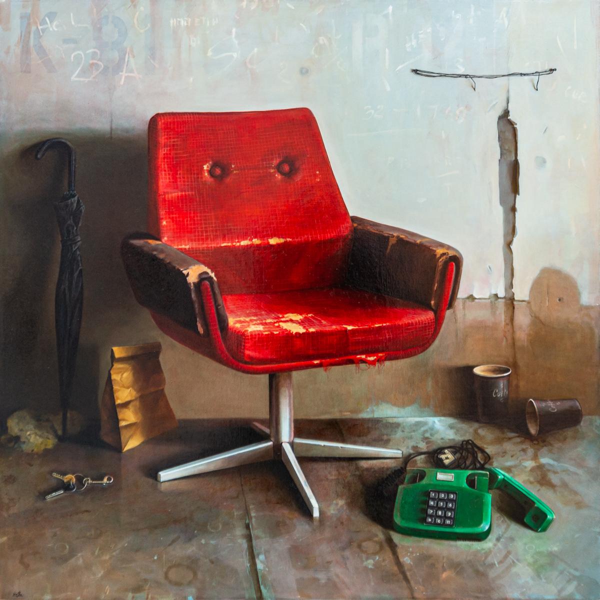 Dmitry Yuzefovich Interior Painting - Red Chair and Green Phone - realist, interior, Ukrainian, Israeli, oil on canvas