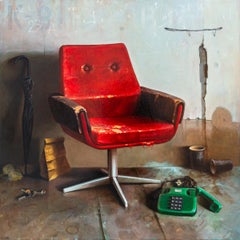 Red Chair and Green Phone - realist, interior, Ukrainian, Israeli, oil on canvas