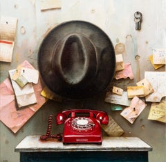 Red Phone and Hat - detailed, realist, interior, Ukrainian, Israeli, oil/canvas