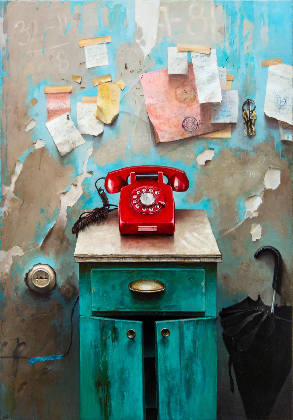 Red Phone - bright, vivid detail, realist, interior, Ukrainian, oil on canvas